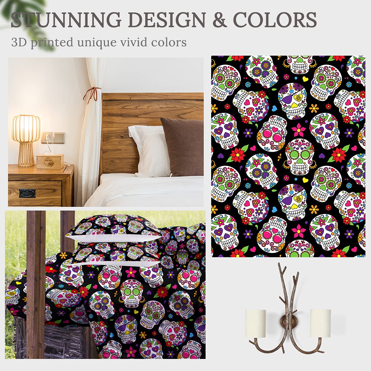 Sleepwish 4-Piece King Size Sugar Skull Comforter Set with 2 Pillow Shams & 1 Cushion Cover | Vibrant Skull Floral Print All-Season Bedding | Ultra-Soft, Breathable & Machine Washable | Perfect for Gothic, Boho or Halloween-Themed Bedrooms