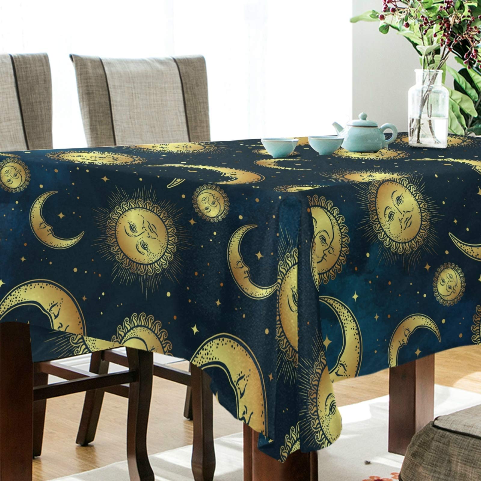 ALAZA Gold Moon Sun & Star Bohemian Tablecloth - 54 x 54 Inch Square Wrinkle-Resistant Table Cover for Dining, Kitchen, Parties & Outdoor Picnics | Perfect for Boho Decor, Wedding Receptions & Holiday Gatherings
