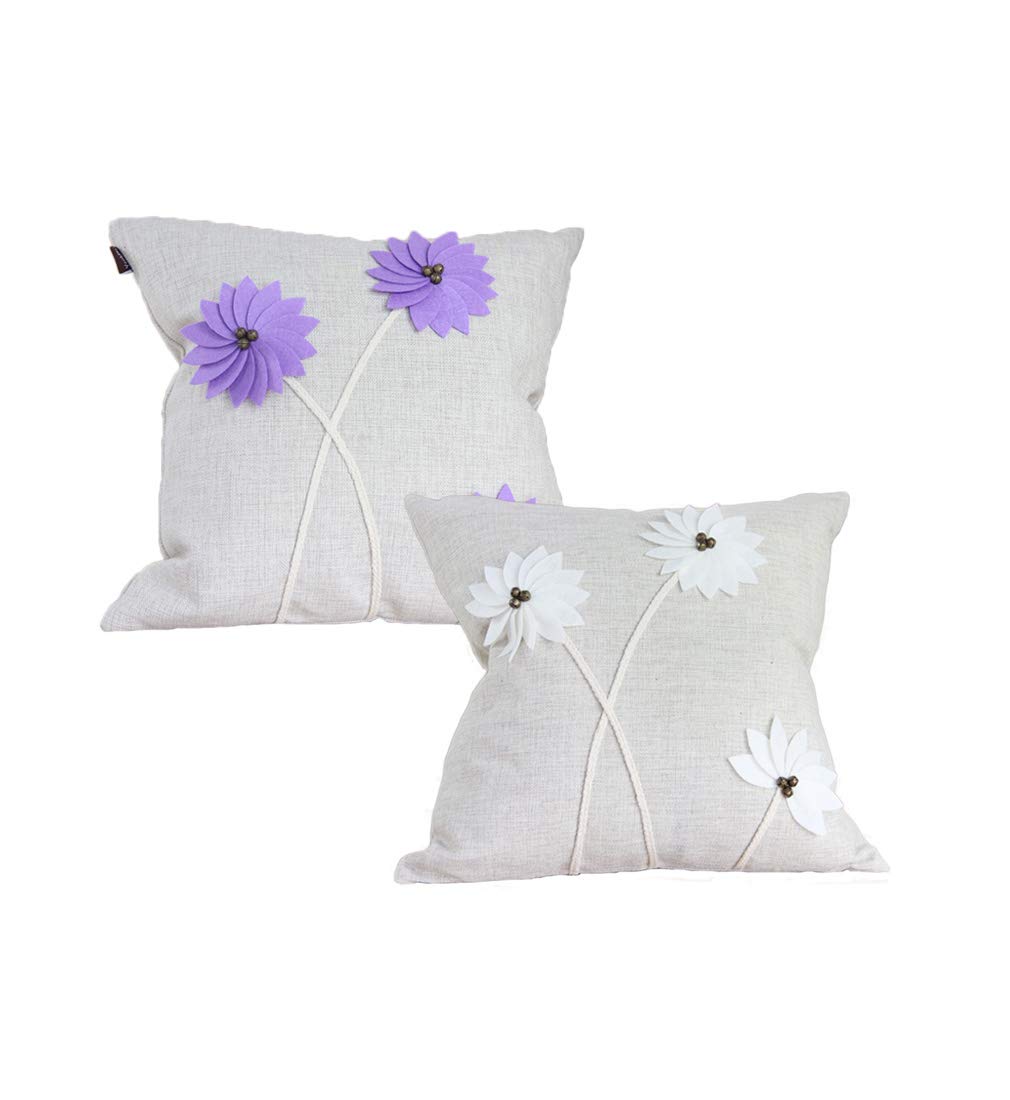 3D Embroidered Floral Throw Pillow Covers - 18x18 Inch Cotton Linen Sofa Cushion Covers (Set of 2, White & Purple) - Elegant Home Decor for Living Room, Bedroom, and Office