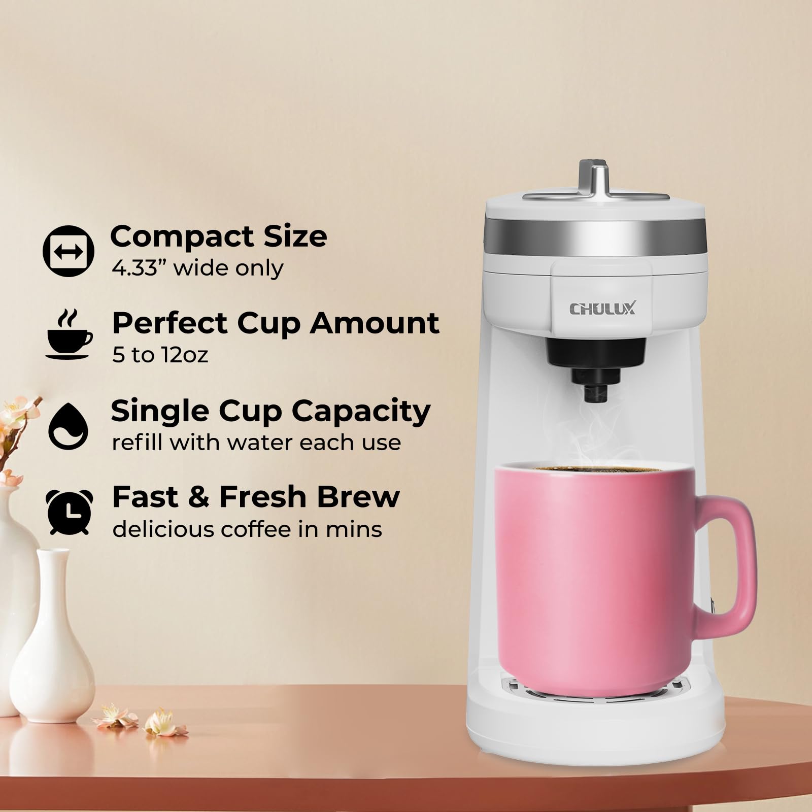 CHULUX Mini K-Cup Coffee Maker - Single Serve for Americano, Home & Office