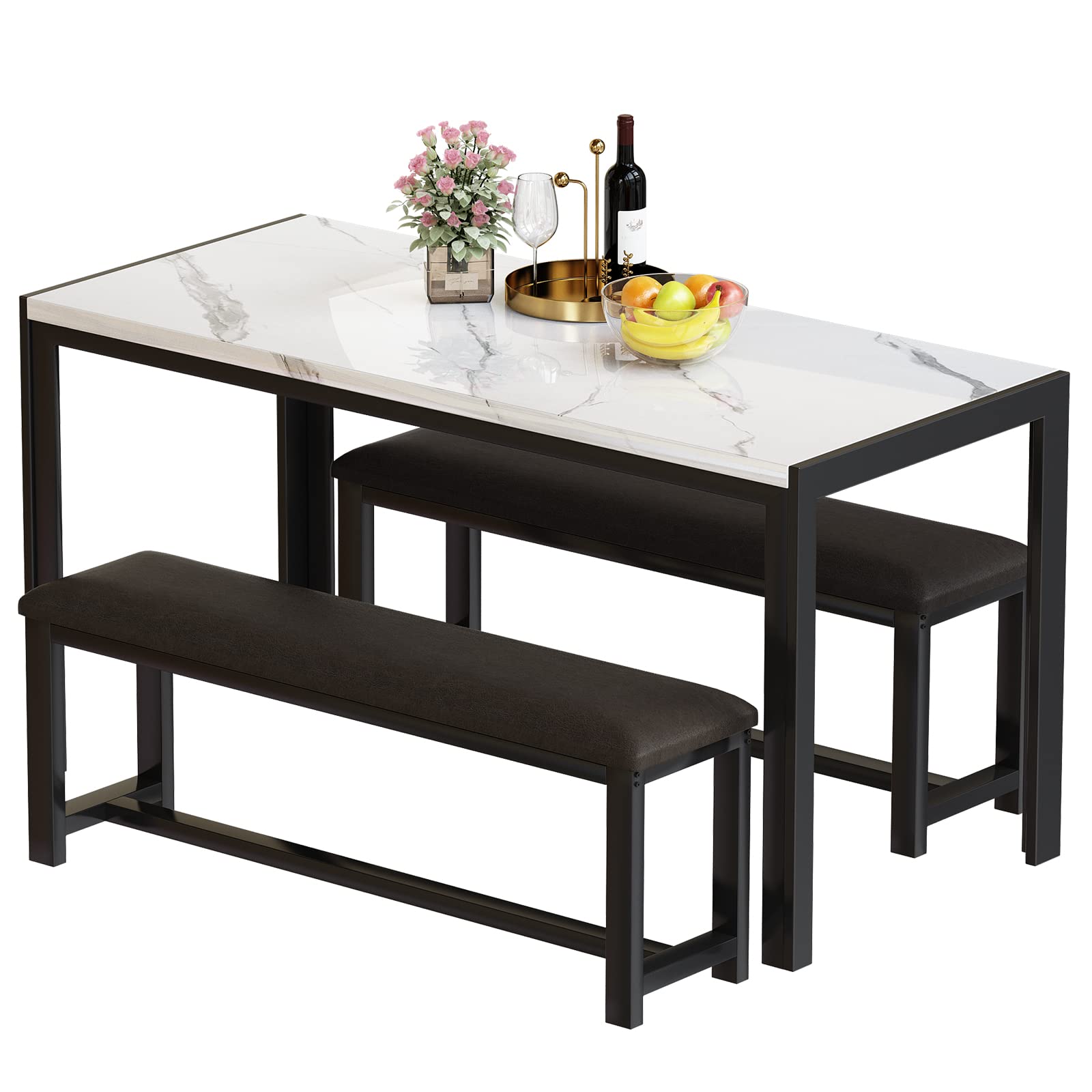 **DKLGG 4-Piece Faux Marble Dining Table Set with 2 PU Leather Benches - Modern Kitchen & Dining Room Table for Small Spaces | Perfect for Family Meals & Entertaining Guests**