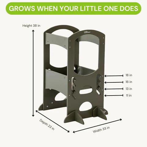 Montessori Learning Tower for Toddlers - Adjustable Height, Safe & Sturdy Olive Green Wooden Step Stool - Perfect for Kitchen, Baking & Playtime Activities