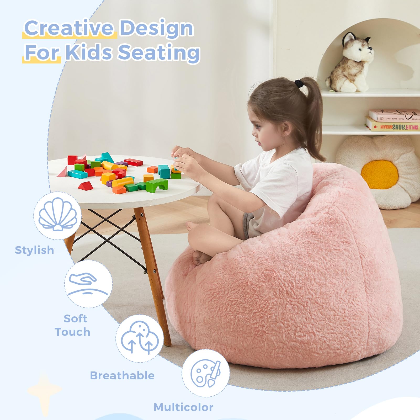 MAXYOYO Kids Bean Bag Chair - Shell Shaped Bean Bag Couch for Boys & Girls, Pink - Perfect for Playroom, Bedroom, Reading Nook & Relaxation