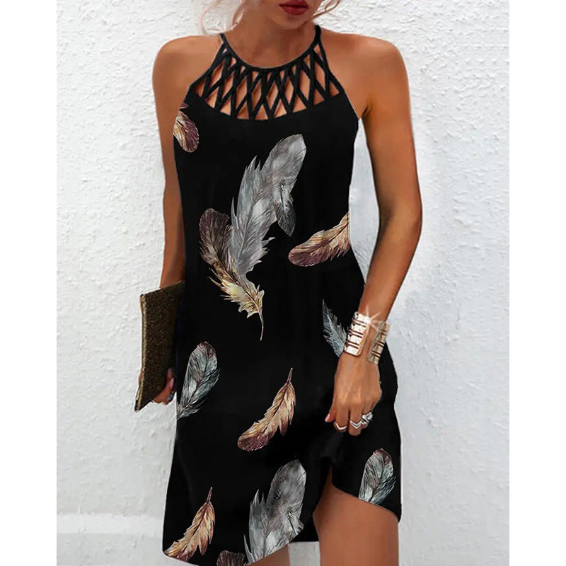 Women's Fashion Print Casual Halterneck Dress - Summer Flowy Beach Dress for Vacation, Party & Outdoor Activities
