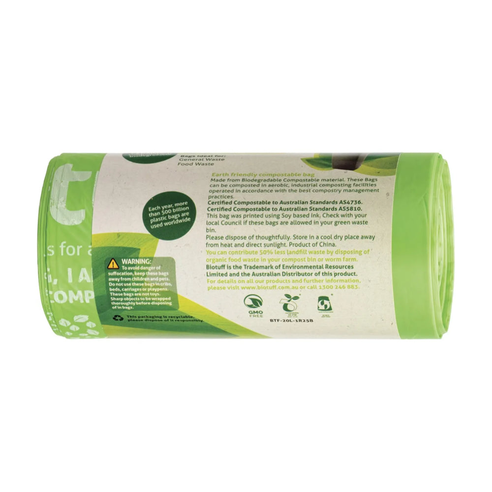 BIOTUFF Medium 20L General Use Bin Liners - 25 Pack | Heavy Duty Trash Bags for Kitchen, Office & Home Cleaning | Eco-Friendly & Leak-Proof Waste Disposal