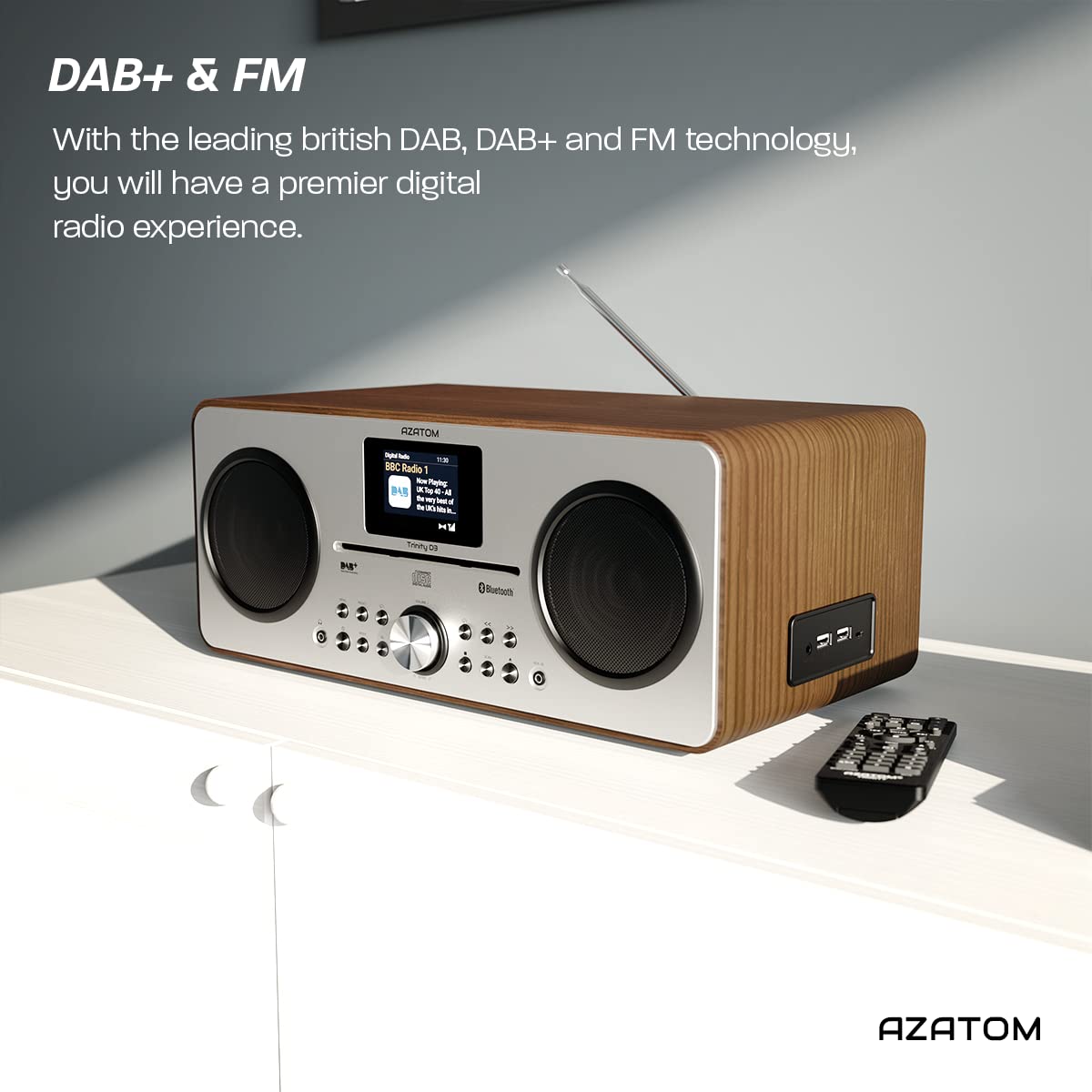 AZATOM Trinity Walnut DAB/DAB+ Digital FM Radio with CD Player & Bluetooth Speaker System | USB MP3 Playback, Charging Port, Alarm Clock, Equalizer & Remote | Hi-Fi Sound for Home, Office & Outdoor Use
