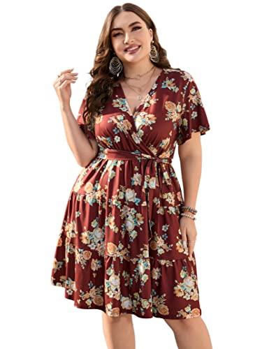 Deep Wine Yellow Flower Short Sleeves