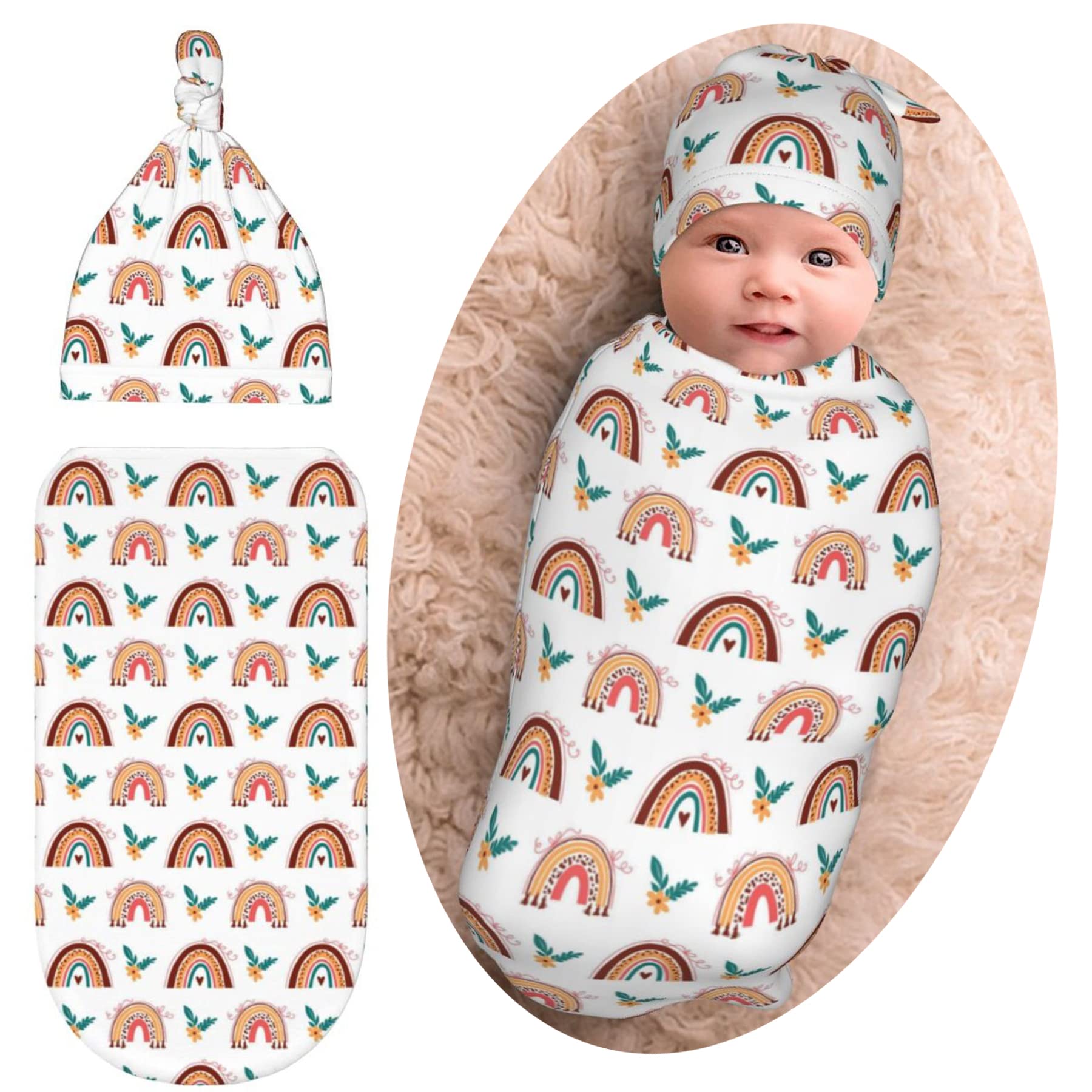 Boho Rainbow Baby Swaddle Blanket - Soft & Stretchy Newborn Receiving Blanket for Boys & Girls | Infant Swaddle Sack with Beanie Hat Set | Perfect Baby Shower Gift & Nursery Essential