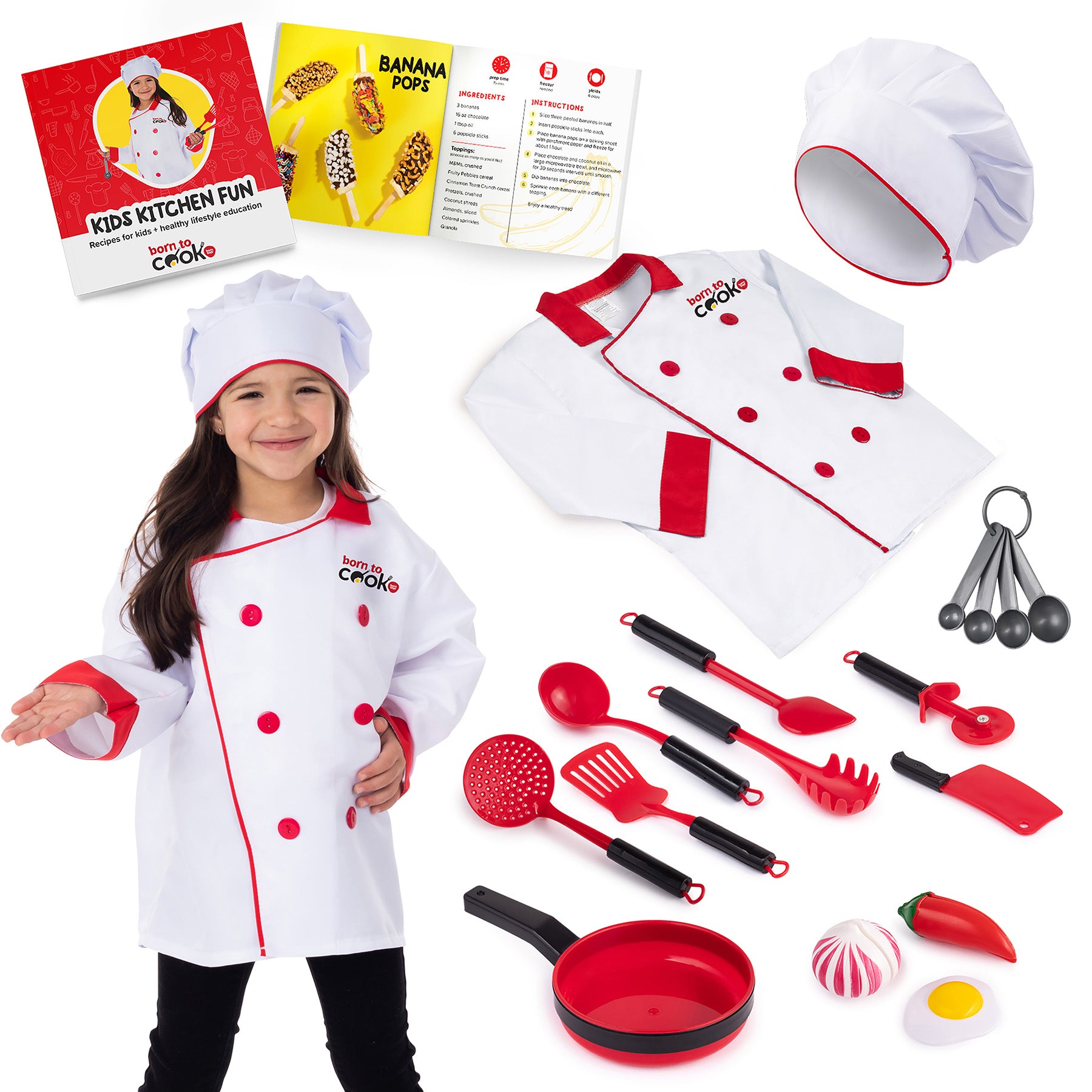 Bintiva 11-Piece Deluxe Chef Role Play Dress Up Set with Red Accents - Perfect for Kids Pretend Play, Cooking Games & Halloween Costumes