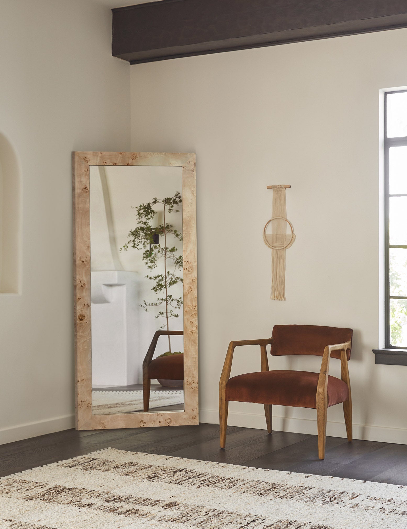 Bree Burl Wood Floor Mirror - Full Length Standing Mirror with Natural Wood Grain, Perfect for Bedroom, Living Room, and Dressing Area Decor