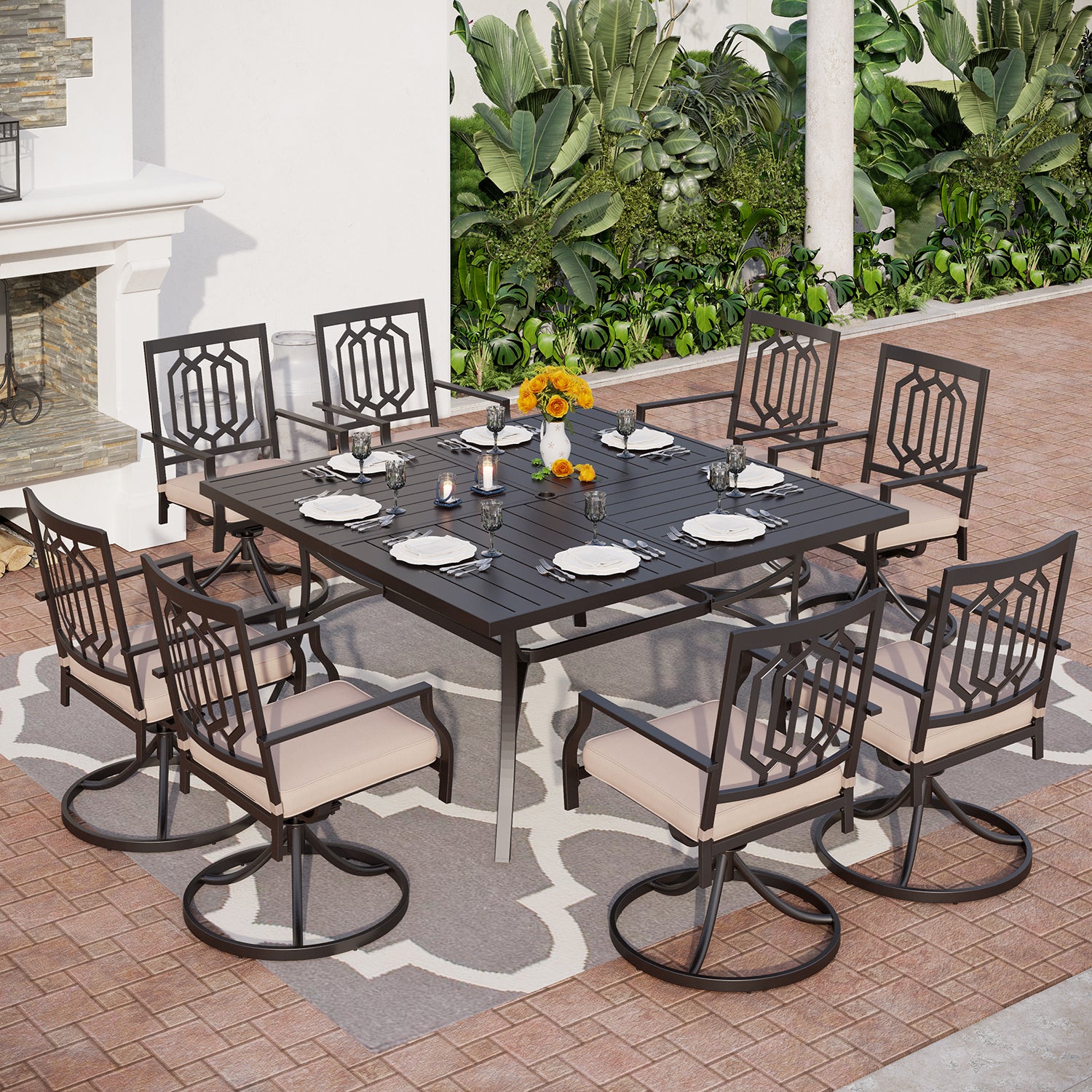 PHI VILLA 9-Piece Outdoor Dining Set - Extra Large Square Table with 8 Swivel Chairs, Weather-Resistant Patio Furniture for Garden, Poolside, Backyard & Outdoor Entertaining