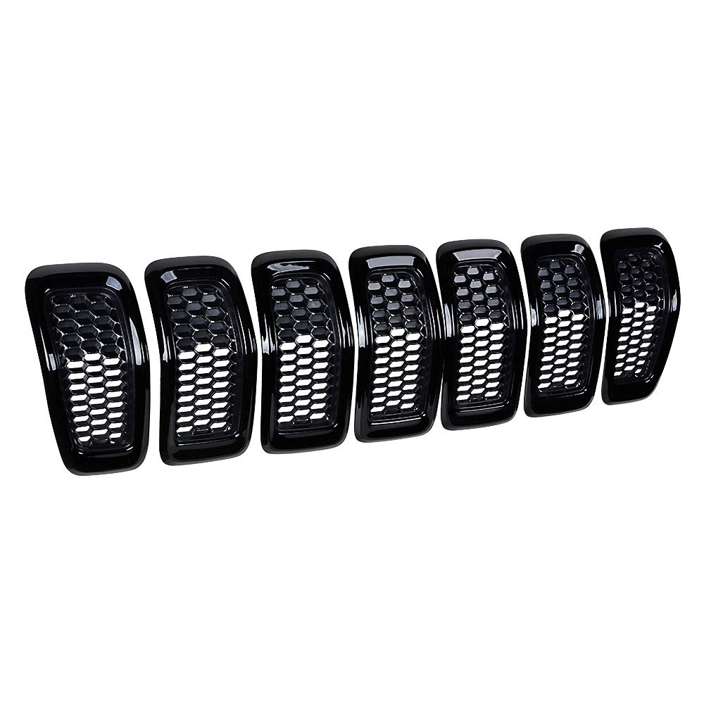 2014-2018 Jeep Cherokee Honeycomb Grill Inserts - 7pc Black Mesh Grille with Gloss Black Molding Trim | Front Bumper Upgrade for Off-Road & Street Style Enhancement