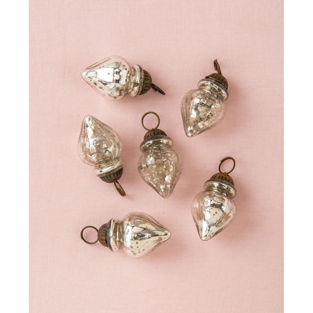 6 Pack Mini Mercury Glass Ornaments - Vintage Silver Christmas Tree Decorations (1.75 Inch) for Holiday Home Decor, Party & Gift Giving