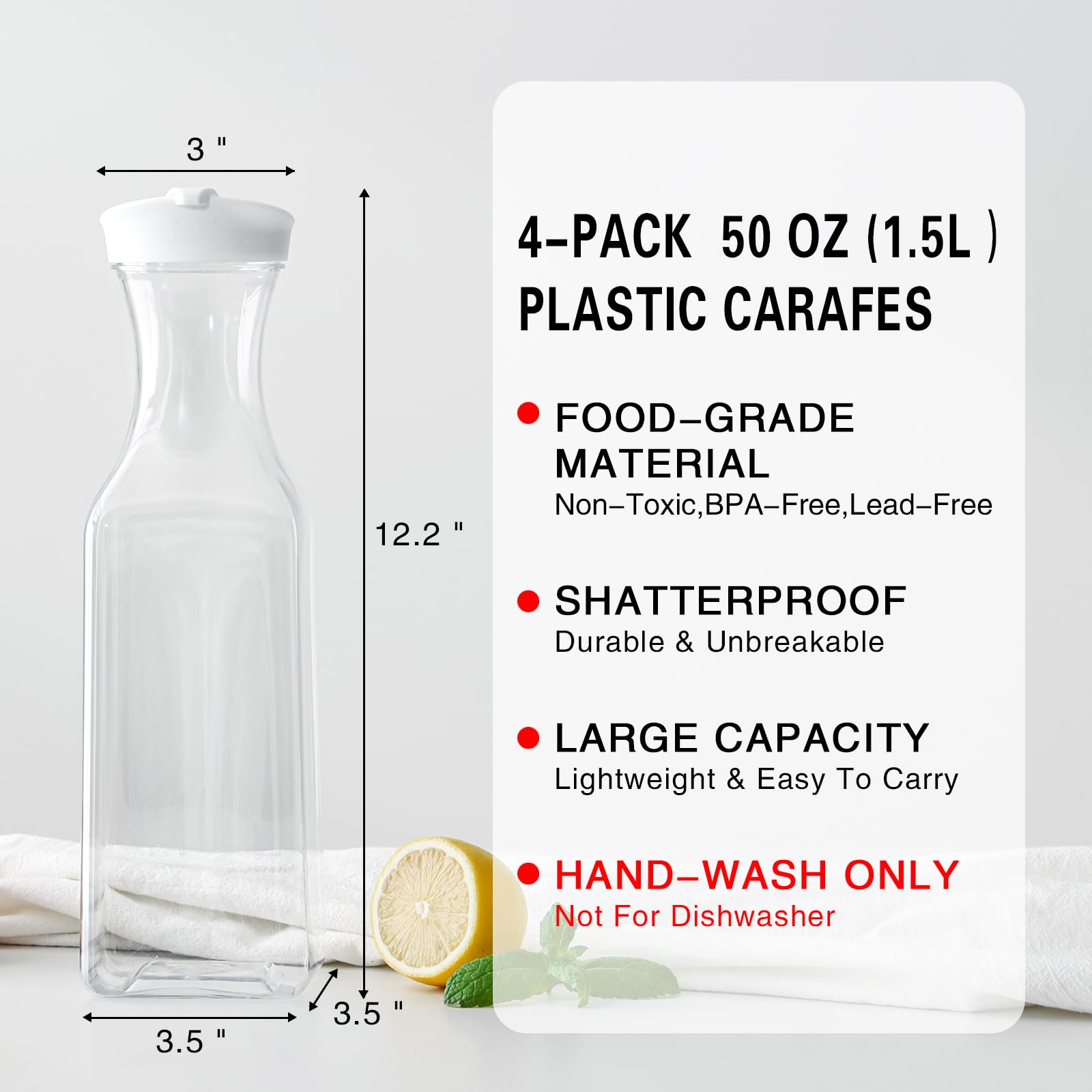 50 Oz BPA-Free Square Plastic Water Carafe with Lids - 4 Pack for Mimosa Bar, Drinks, Milk, Iced Tea & Juice Storage - Perfect for Refrigerator, Parties, Catering & Home Use (Not Dishwasher Safe)