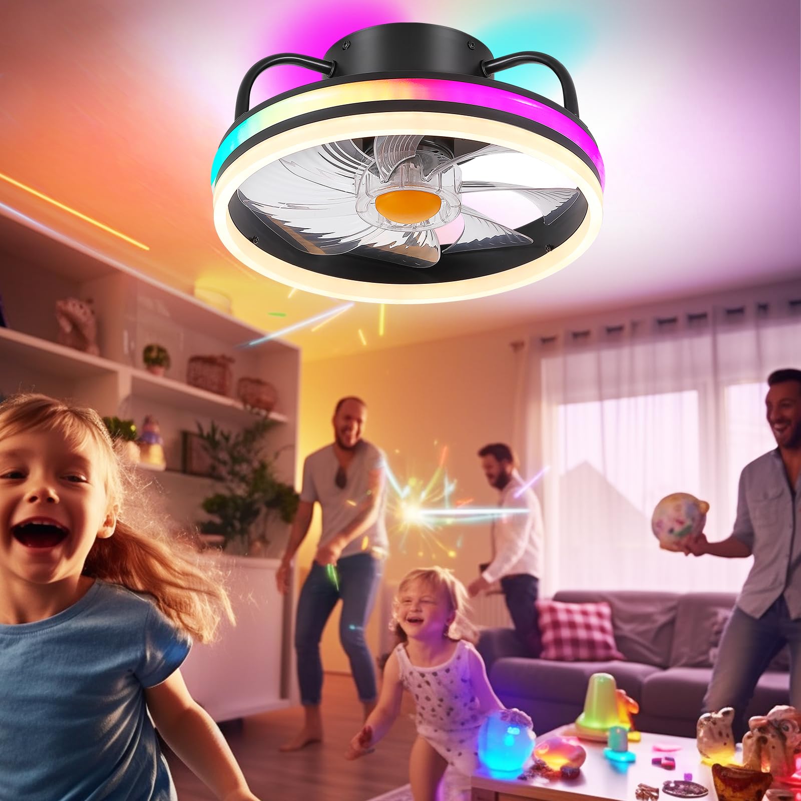 Modern Flush Mount Ceiling Fan with RGB Dimmable LED Light - 13