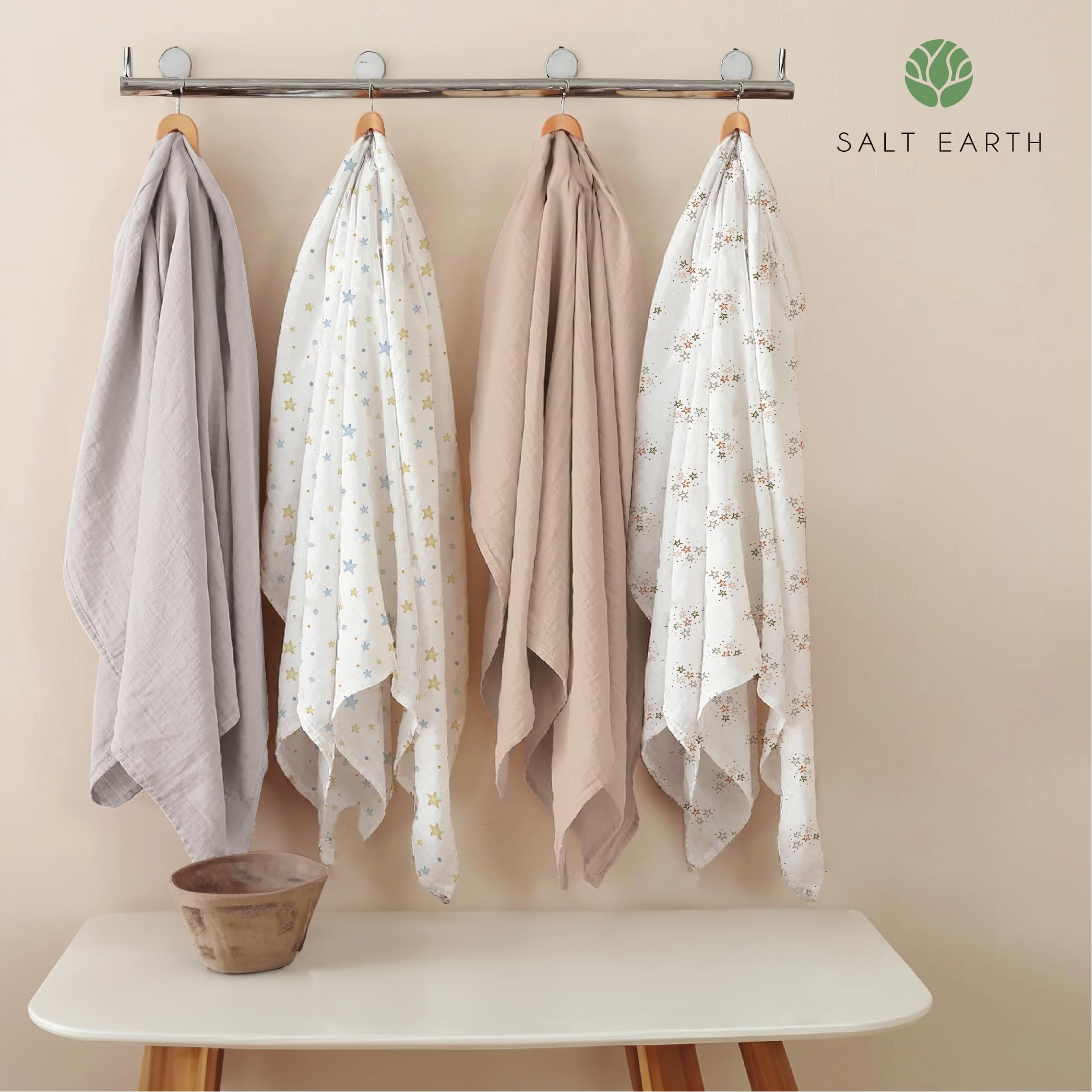 GOTS Certified 100% Organic Cotton Baby Swaddle Blankets - 2-Layered 47x47 Inch Receiving Blankets for Newborns (4 Pack, Solids & Stars) | Soft, Breathable & Hypoallergenic for Boys & Girls | Perfect for Swaddling, Nursing, Stroller & Registry Essentials