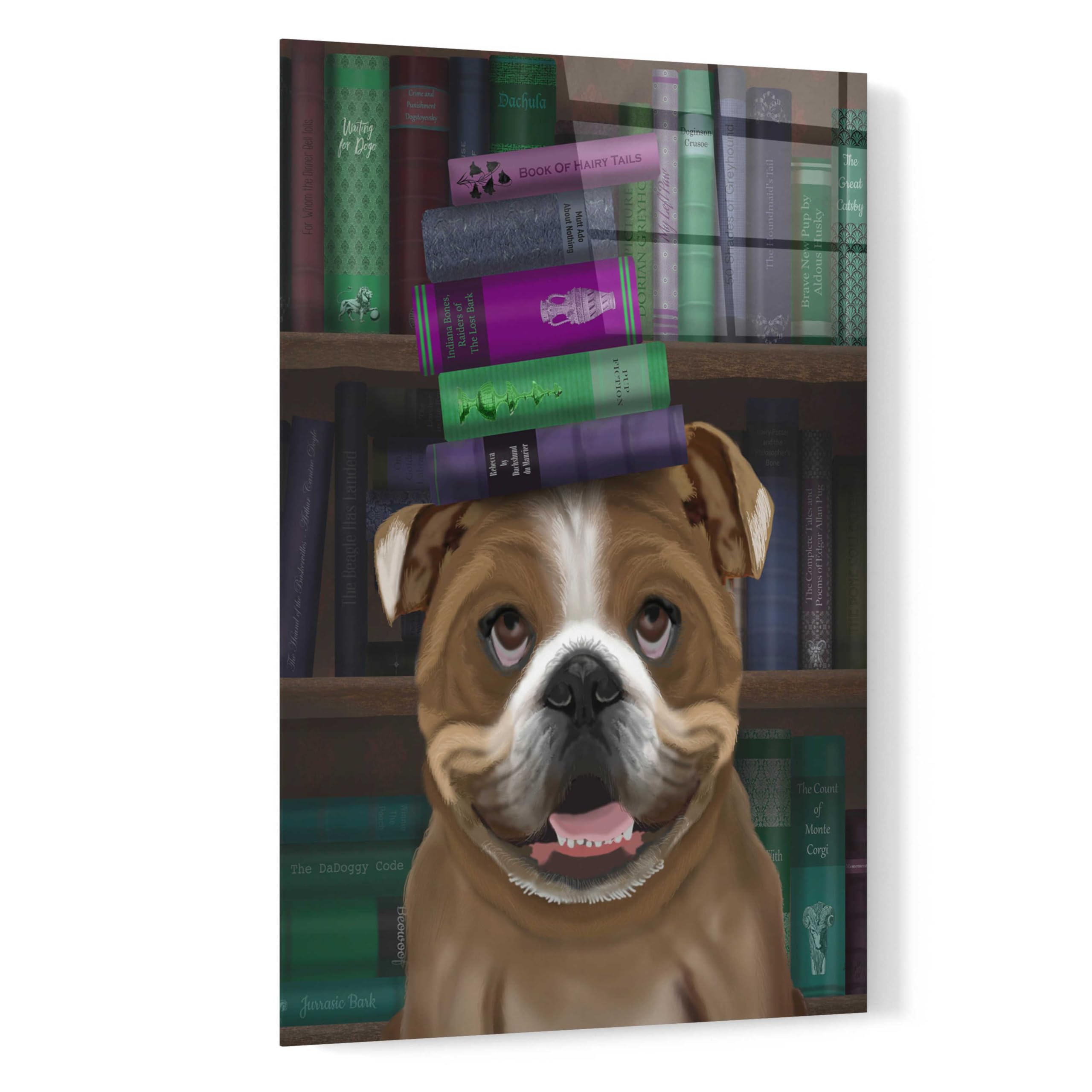 Fab Funky English Bulldog and Books Acrylic Glass Wall Art - 16x24 Inches, Modern Home Decor for Living Room, Office & Library - Vibrant Canvas Print for Dog Lovers & Book Enthusiasts