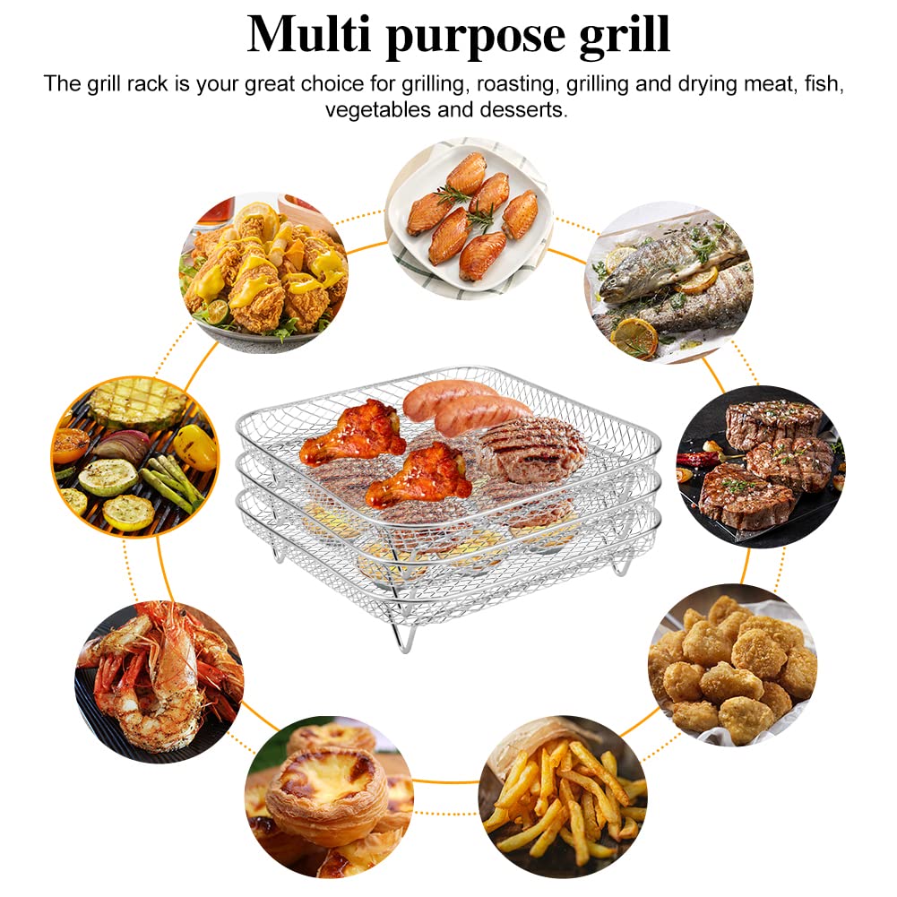 LOQJSS 8 Inch Square Air Fryer Rack - 3 Stackable Stainless Steel Air Fryer Accessories with Food Clip & Oil Brush - Universal Fit for All Air Fryers, Ovens - Perfect for Cooking Chicken Wings, French Fries, Vegetables and More