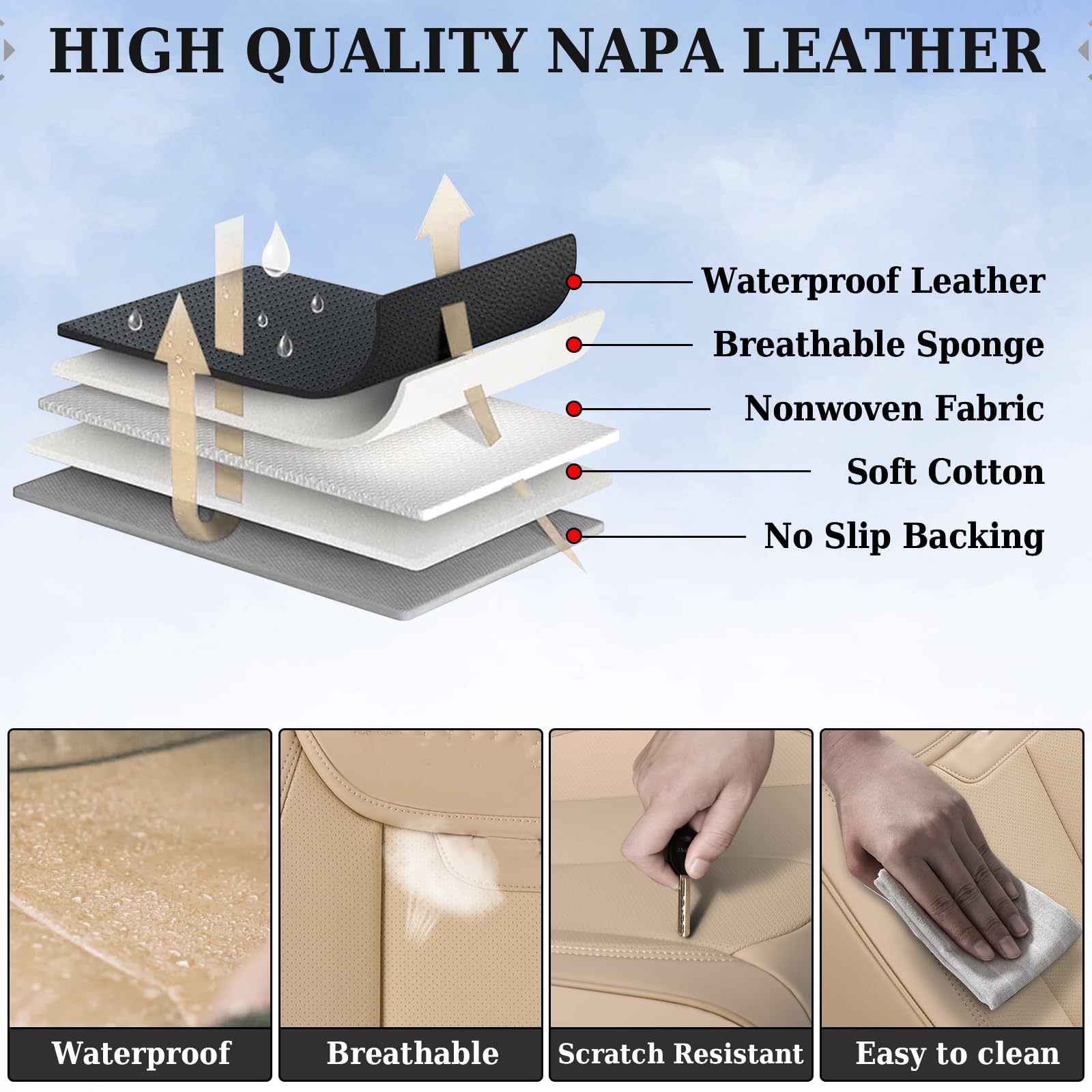 Premium Waterproof Nappa Leather Car Seat Covers - Universal Fit for Most Vehicles (Front Seats) | Beige Auto Seat Protectors for Comfort & Style | Perfect for Daily Commute, Road Trips & Pet Protection