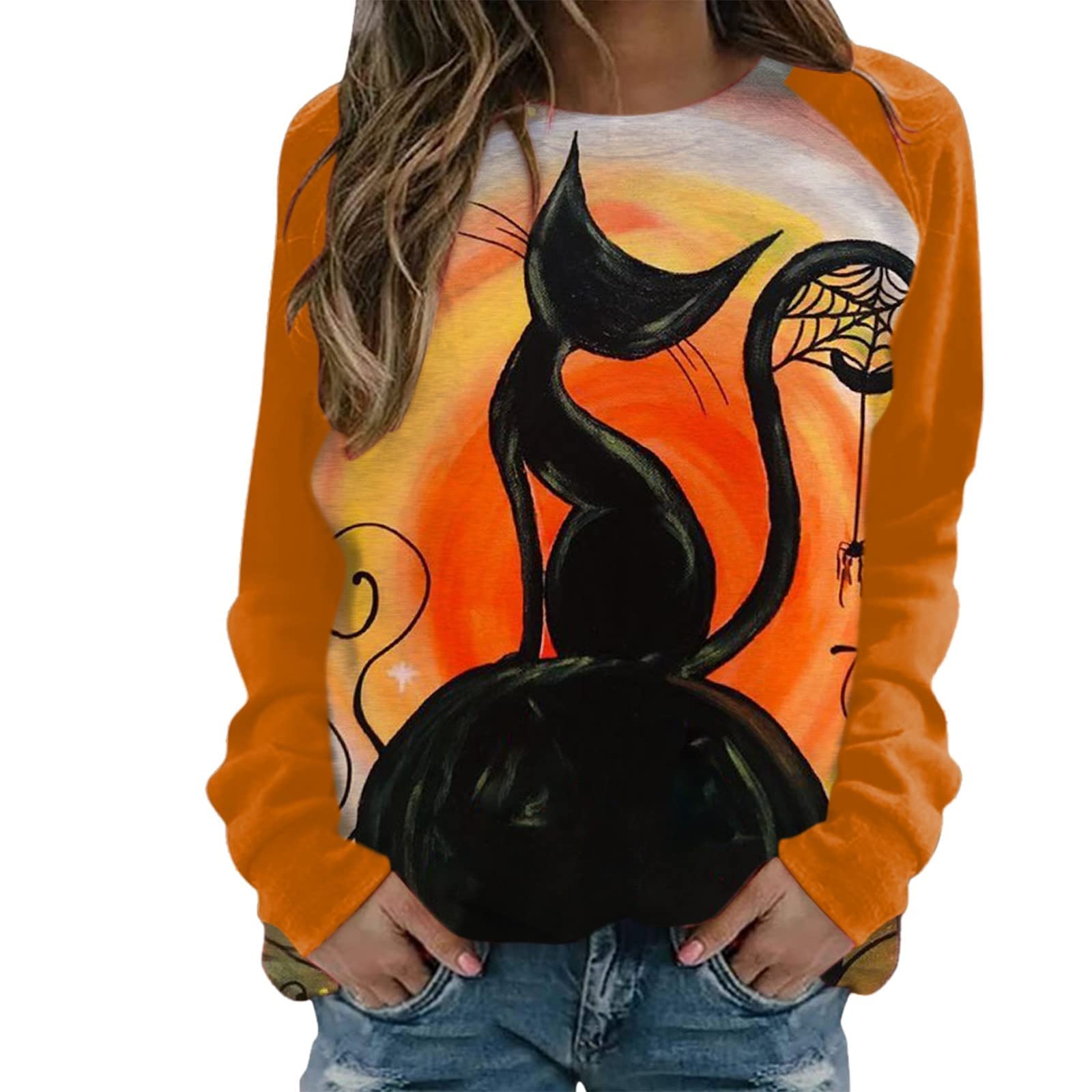 Vintage Halloween Women's Long Sleeve T-Shirt - White Blouse Pullover Top for Plus Size XL - Cozy Fall Outfit for Parties & Costumes 2022