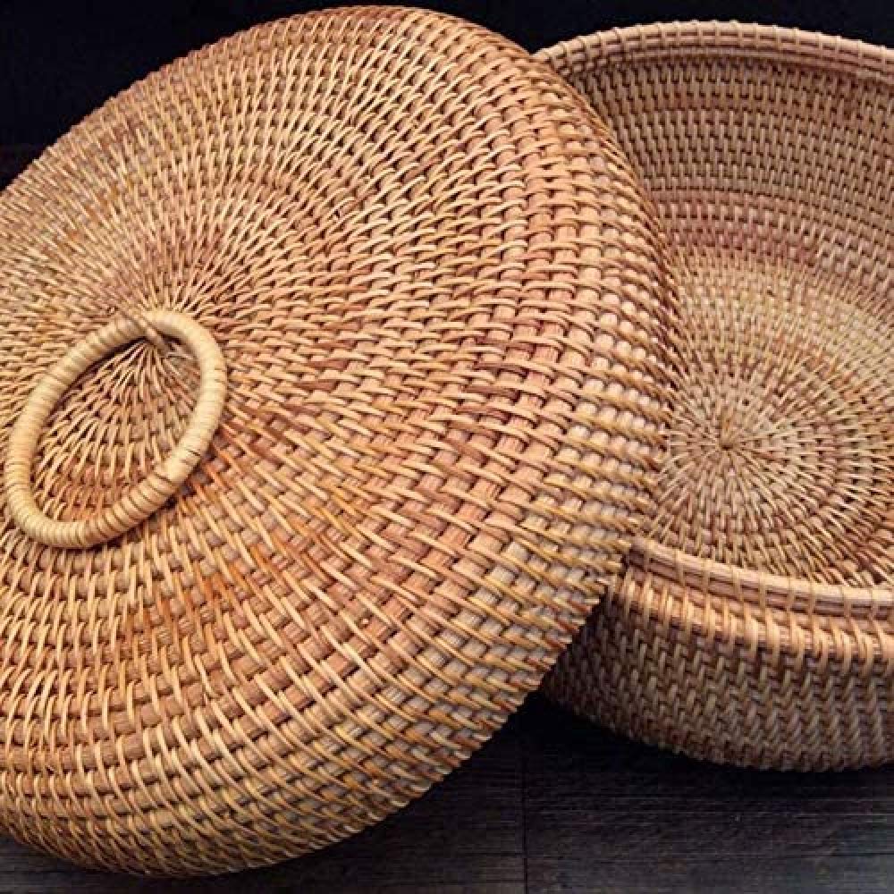 Autumn Rattan Woven Round Fruit Basket - Dried Fruit Storage Container with Lid for Candy, Snacks & Desserts | Perfect for Kitchen, Pantry & Dining Table Decor
