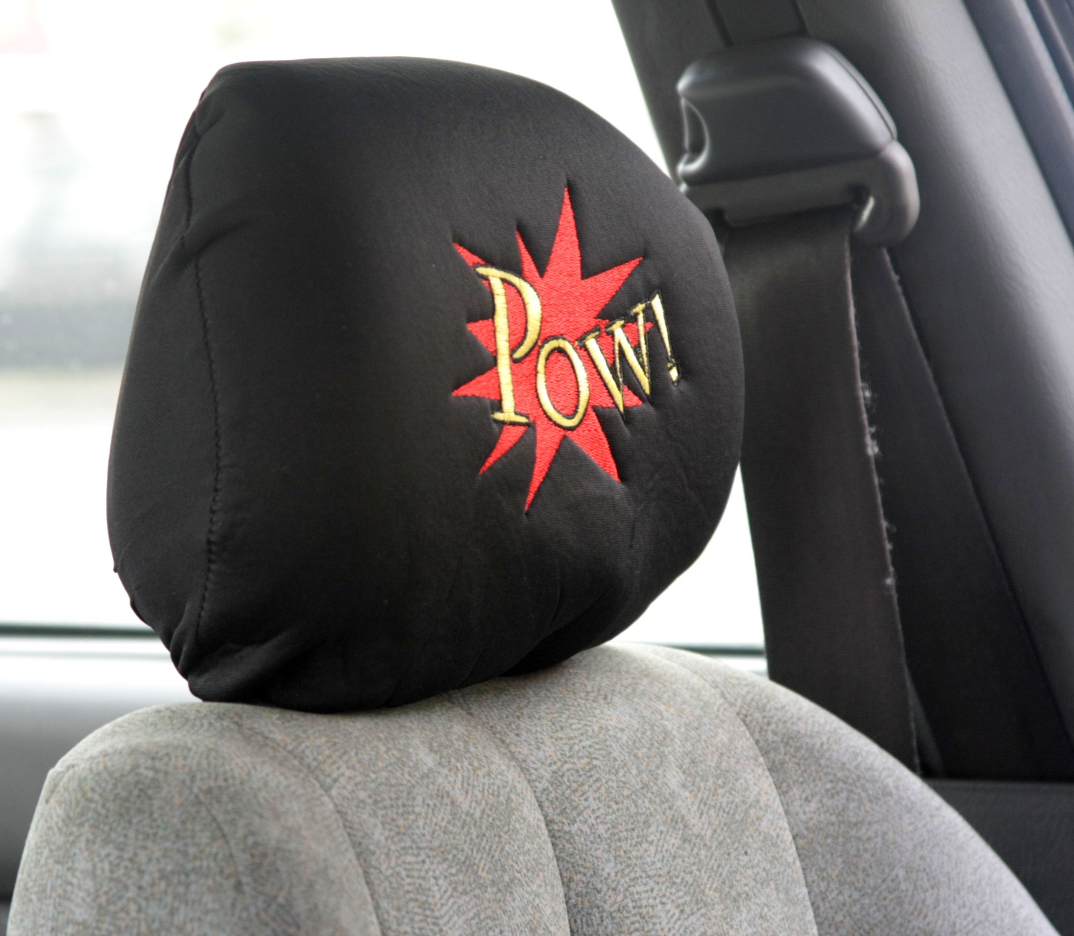 Universal Interchangeable Car Seat Headrest Cover - One Size Fits All Cars, Vans & Trucks (Comic POW! Design) - Comfortable & Washable for Daily Commute, Road Trips & Family Travel