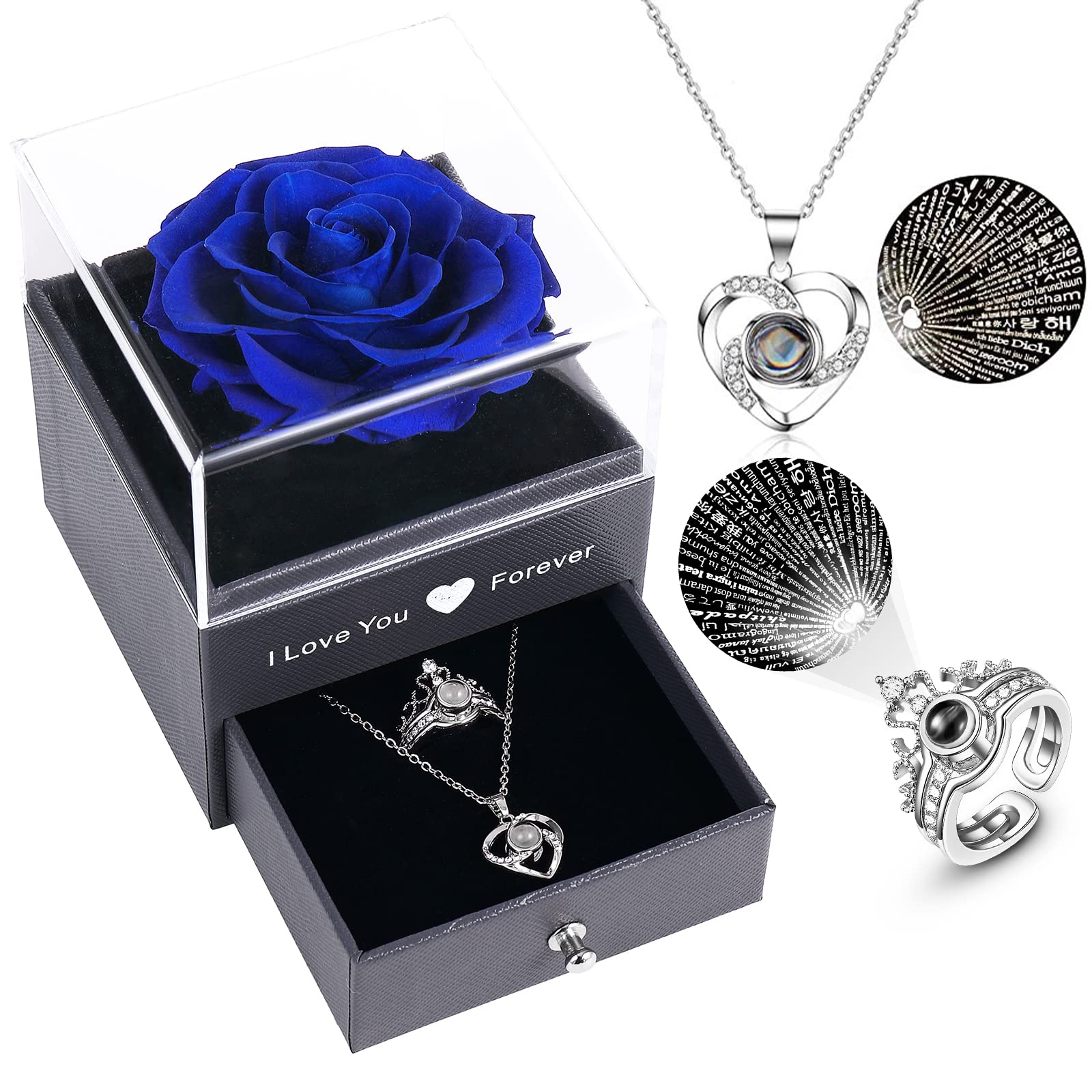 Real Preserved Rose Necklace - 'I Love You' in 100 Languages, Enchanted Heart Pendant, Valentine's Day Anniversary Gift for Her | Perfect for Romantic Proposals, Wedding Anniversaries & Special Occasions