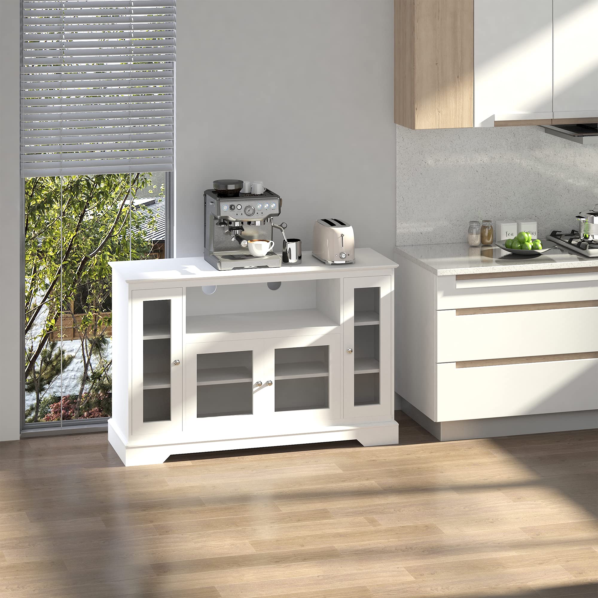 HOMCOM White Sideboard Buffet Cabinet with Storage & Glass Doors - Kitchen Cabinet, Coffee Bar for Living Room & Dining Room - Perfect for Home Storage & Entertaining
