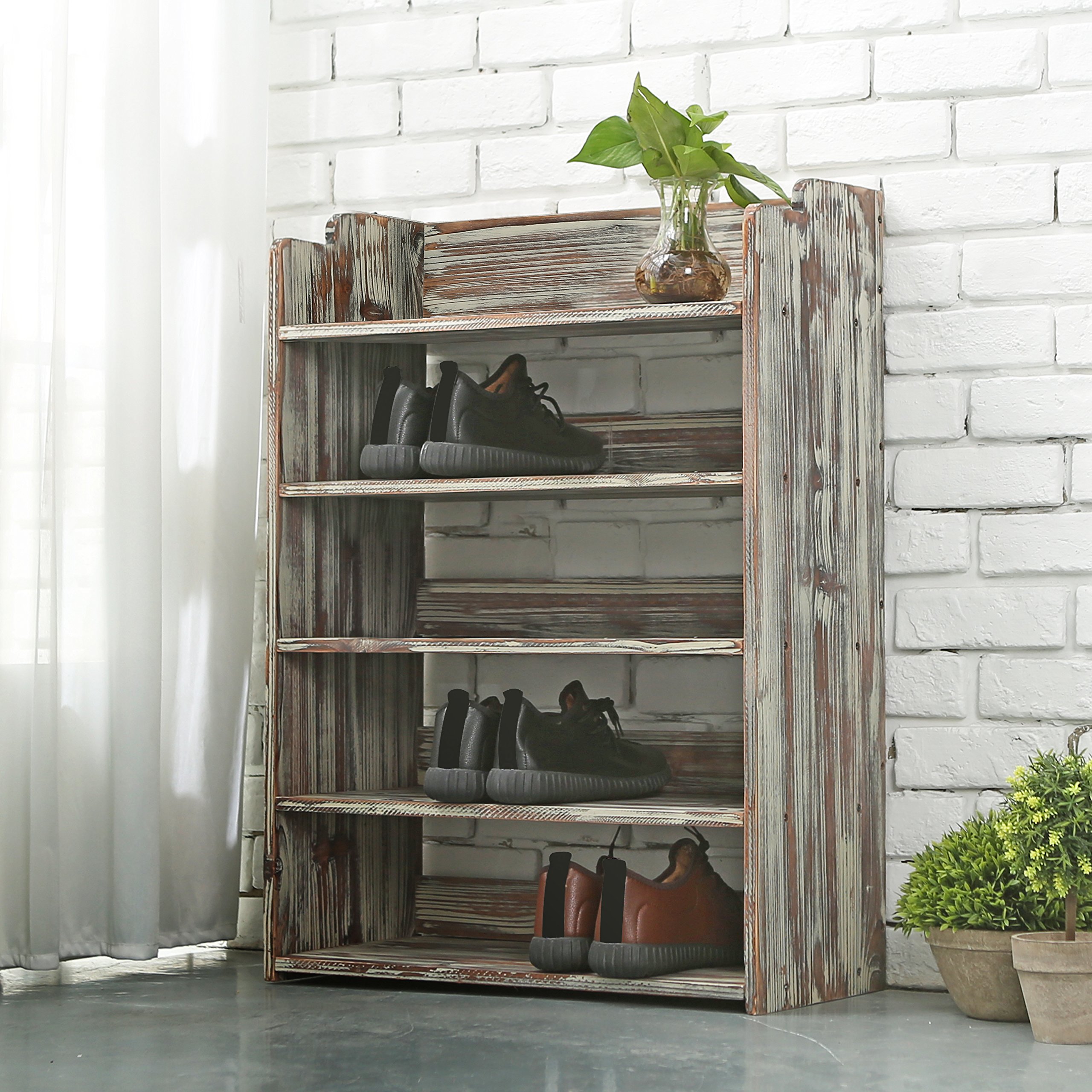 5-Tier Rustic Torched Wood Shoe Rack - Entryway Storage Shelf & Closet Organizer for Shoes, Bags & Home Decor - Perfect for Small Spaces & Apartment Living