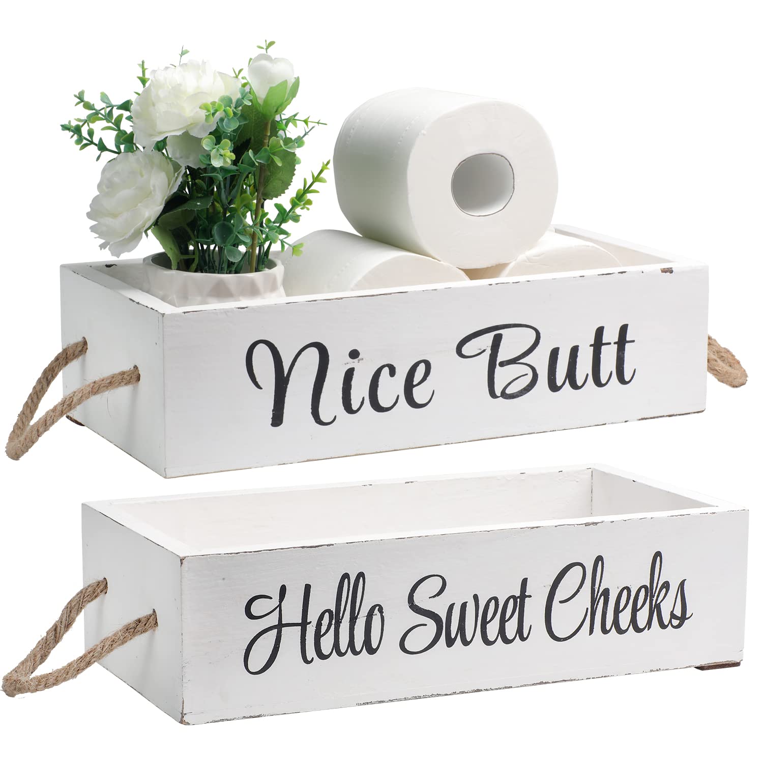 FUIN White Wooden Bathroom Tissue Paper Holder Box Tray - Funny Toilet Decor for Home, Office & Guest Bathroom Organization