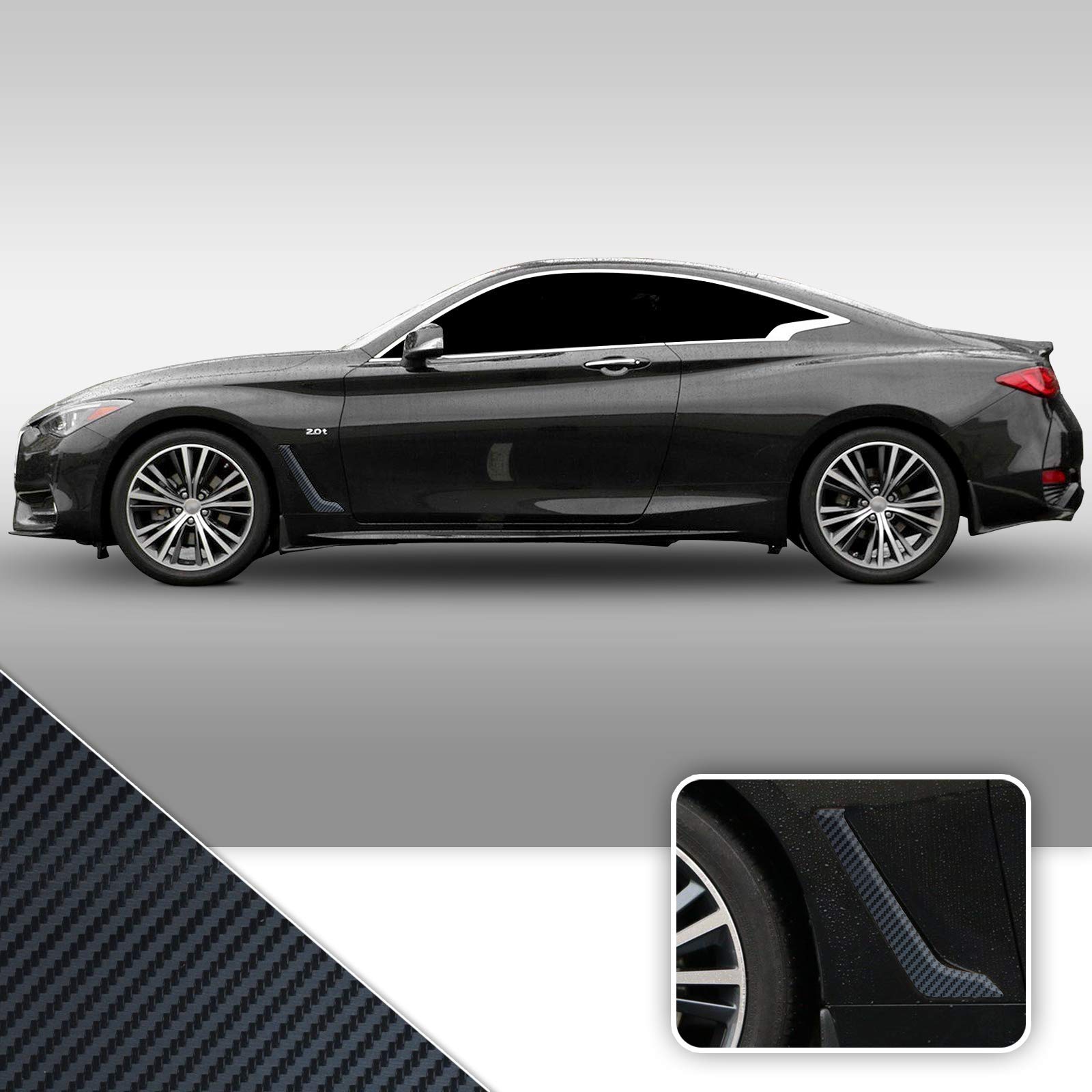 Infiniti Q60 Side Vent Fin Chrome Delete Vinyl Decal Overlay Trim Wrap - Carbon Fiber Black (2017-2020) | Easy DIY Installation, Custom Fit for Q60 Coupe, Enhances Sporty Appearance