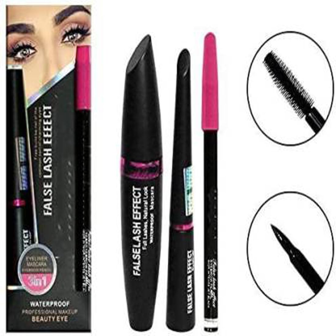 3-in-1 KAARM Eye Combo Set - Eyeliner, Mascara & Eyebrow Pencil with Beauty Blender Sponge, False Eyelashes & Eyelash Curler - Perfect for Daily Makeup & Professional Beauty Looks