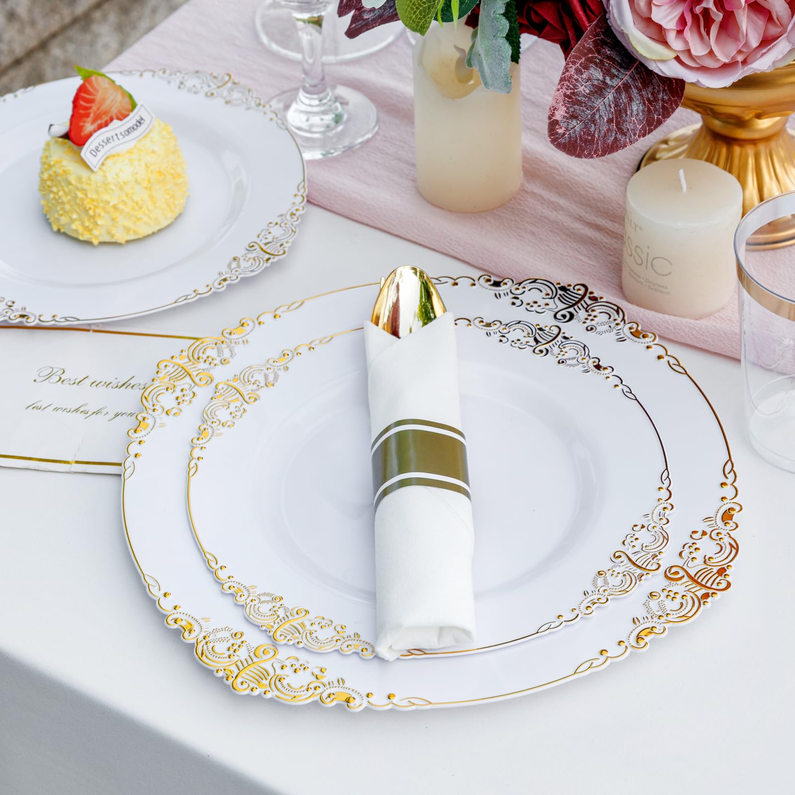 Premium 350-Piece Gold Disposable Dinnerware Set - 100 Elegant Plates, 150 Plastic Silverware, 50 Cups & 50 Napkins - Perfect for Weddings, Parties & Large Gatherings (50 Guests) - Ideal for Outdoor Events, Catering & Special Occasions