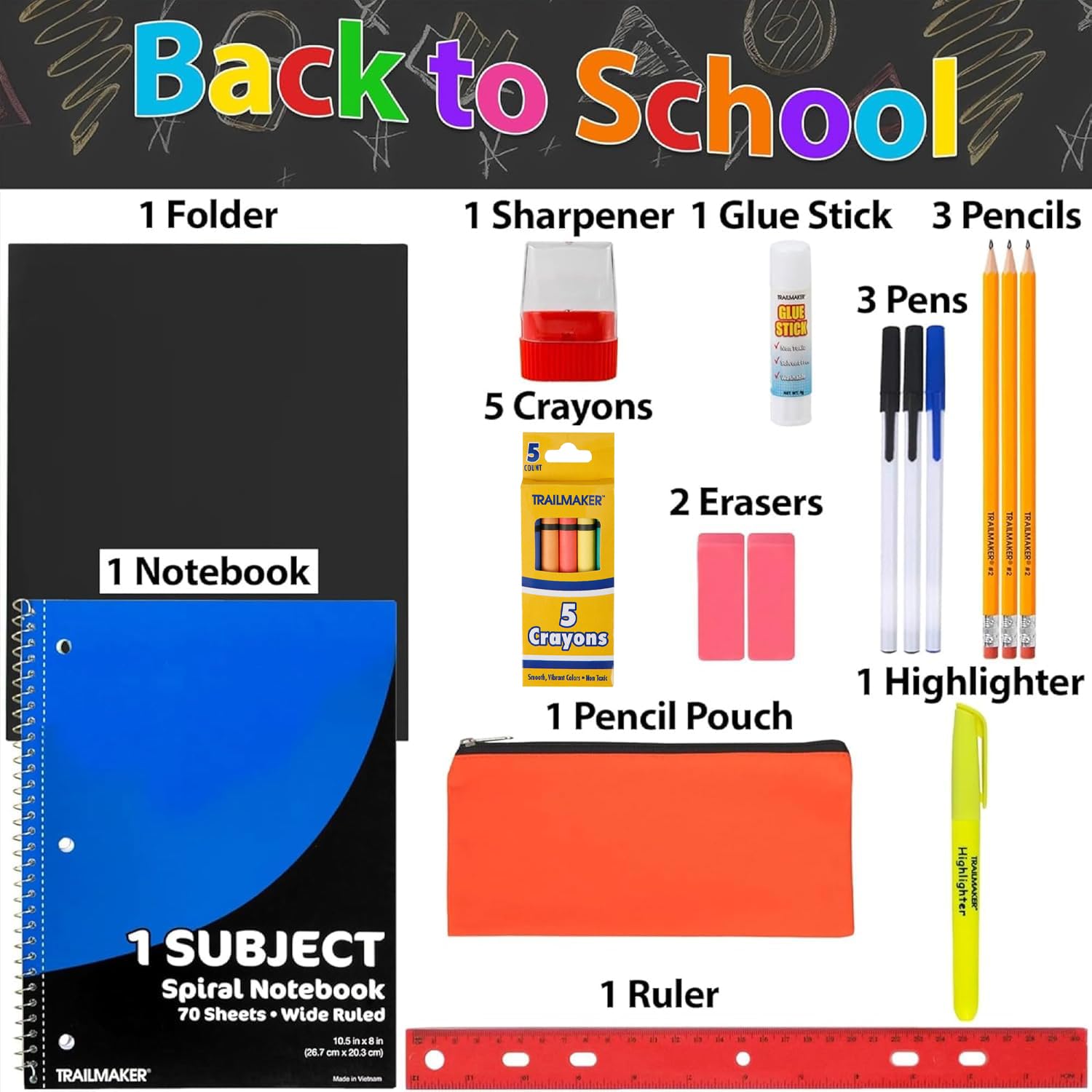 20 Piece School Supplies Pack for K-12 Students - Essential Back to School Bundle for Boys & Girls - Perfect for Classroom, Homework & Homeschooling