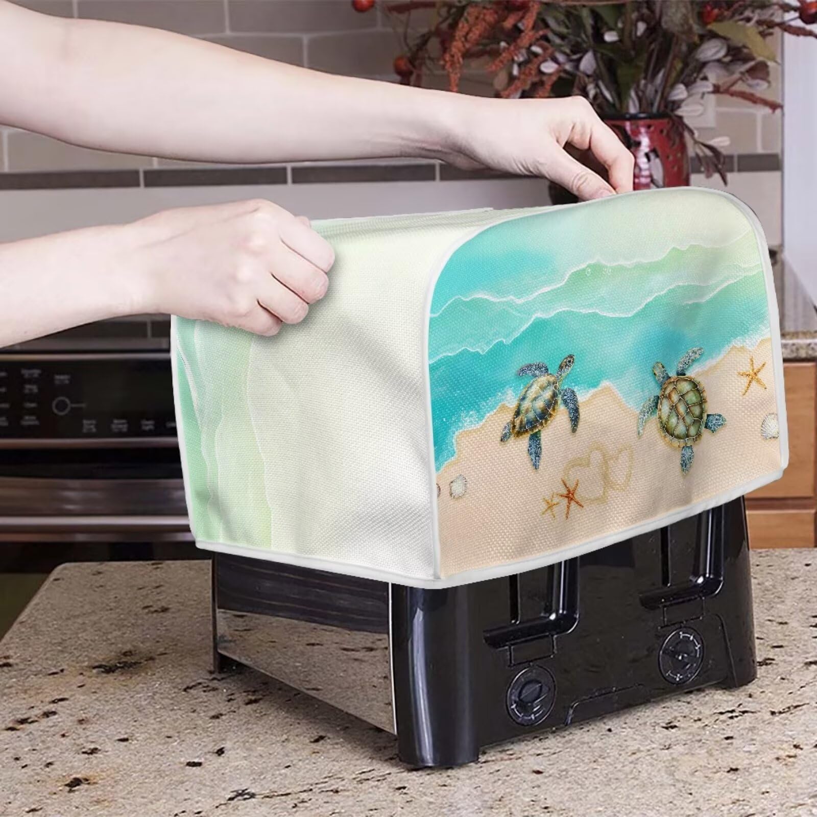 Sea Turtle Print Toaster Oven Cover - Starfish Beach Design Dust Protector for 2-Slice Toasters - Anti-Dust & Fingerproof Bread Maker Machine Cover in Green & Brown - Perfect for Kitchen, Beach House & Coastal-Themed Decor
