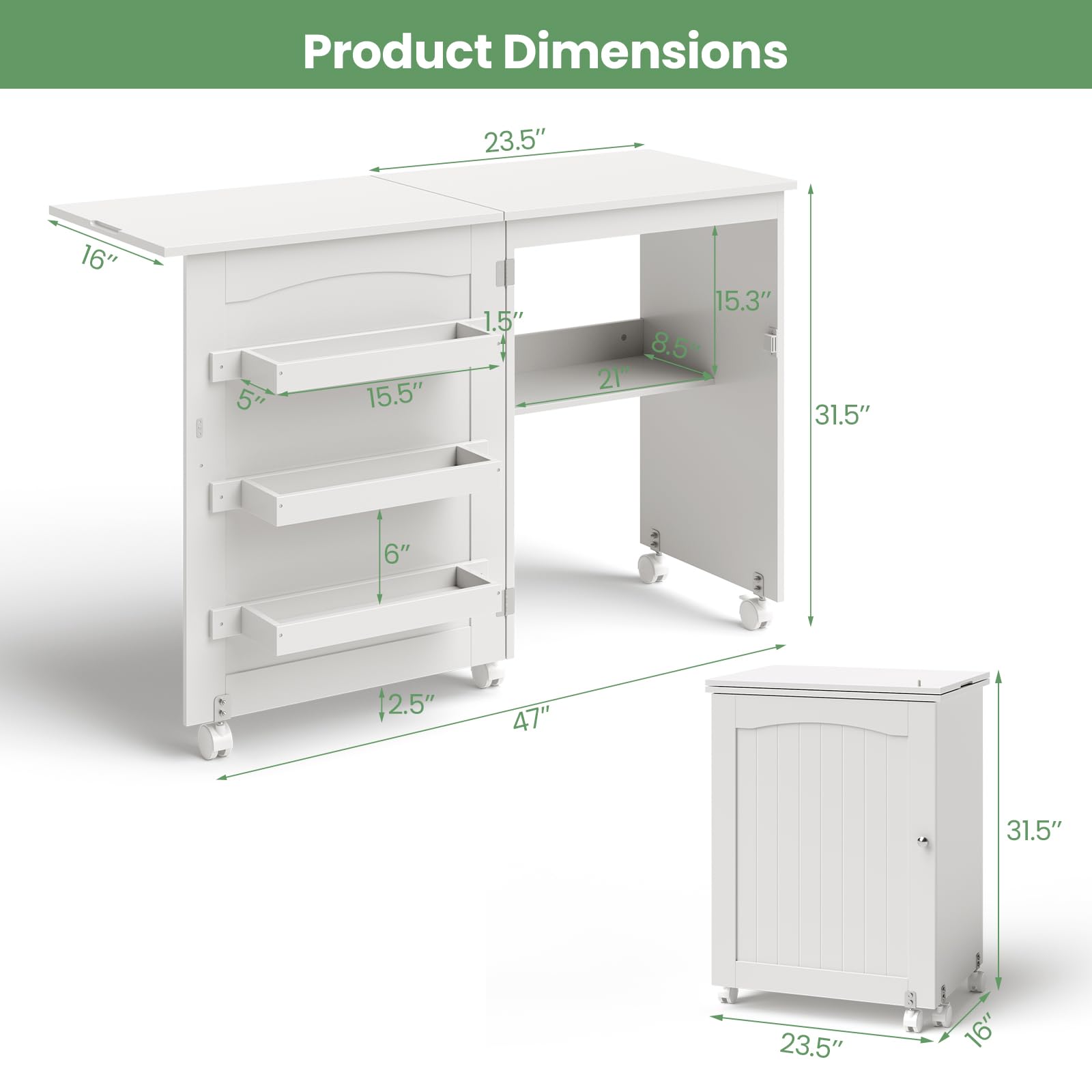 COSTWAY Folding Sewing Table with Lockable Wheels | Multipurpose Craft Station Desk & Display Cabinet with Storage Shelves | Rolling Sewing Machine Desk for Home & Apartment | Perfect for Quilting, DIY Projects & Small Space Organization (White)