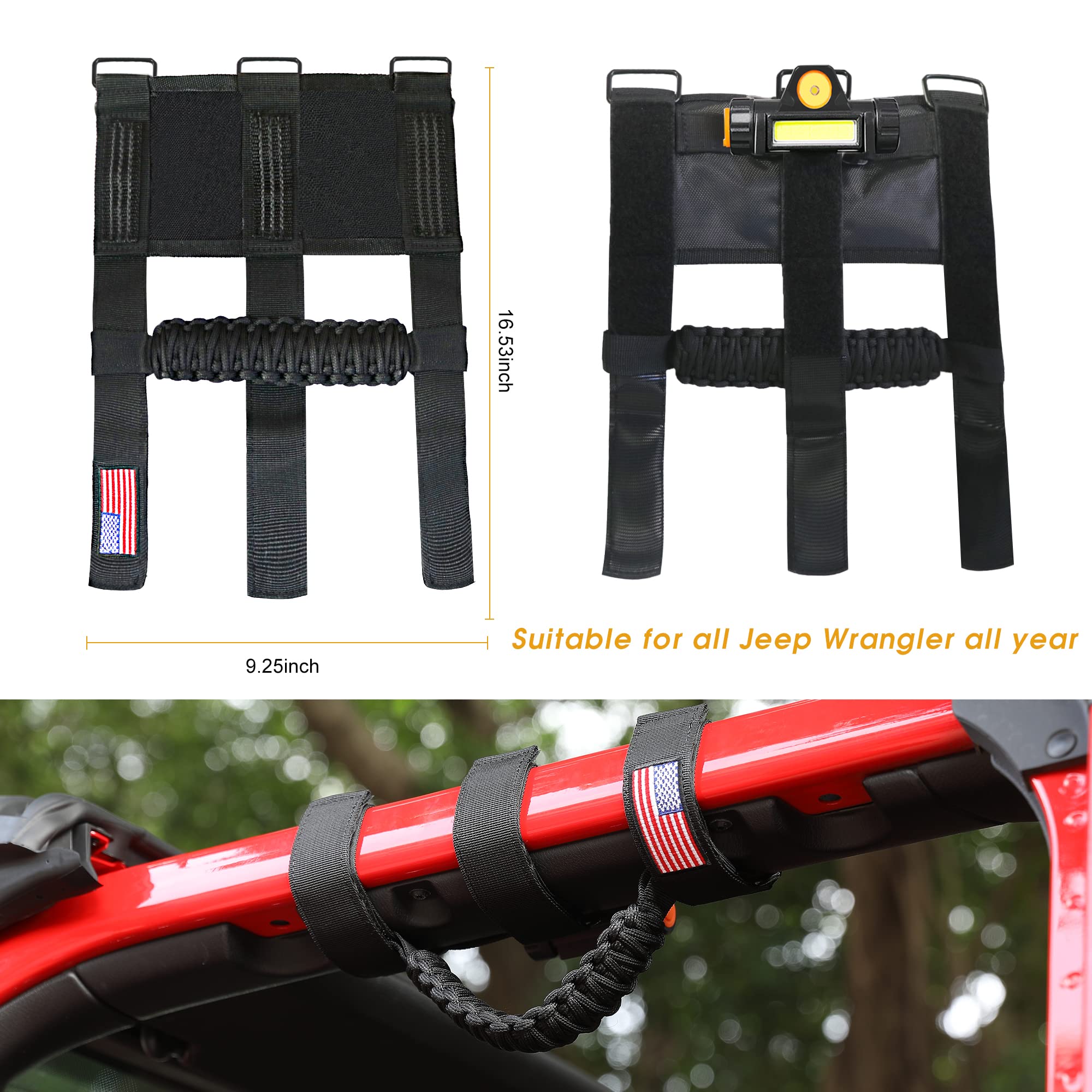 Jeep Wrangler Grab Handles with LED Light - 4 Pack Black Rechargeable Roll Bar Handles for TJ JK JL YJ Unlimited Rubicon Sahara & Gladiator JT (2/4 Door) - Perfect for Off-Roading, Camping & Nighttime Entry