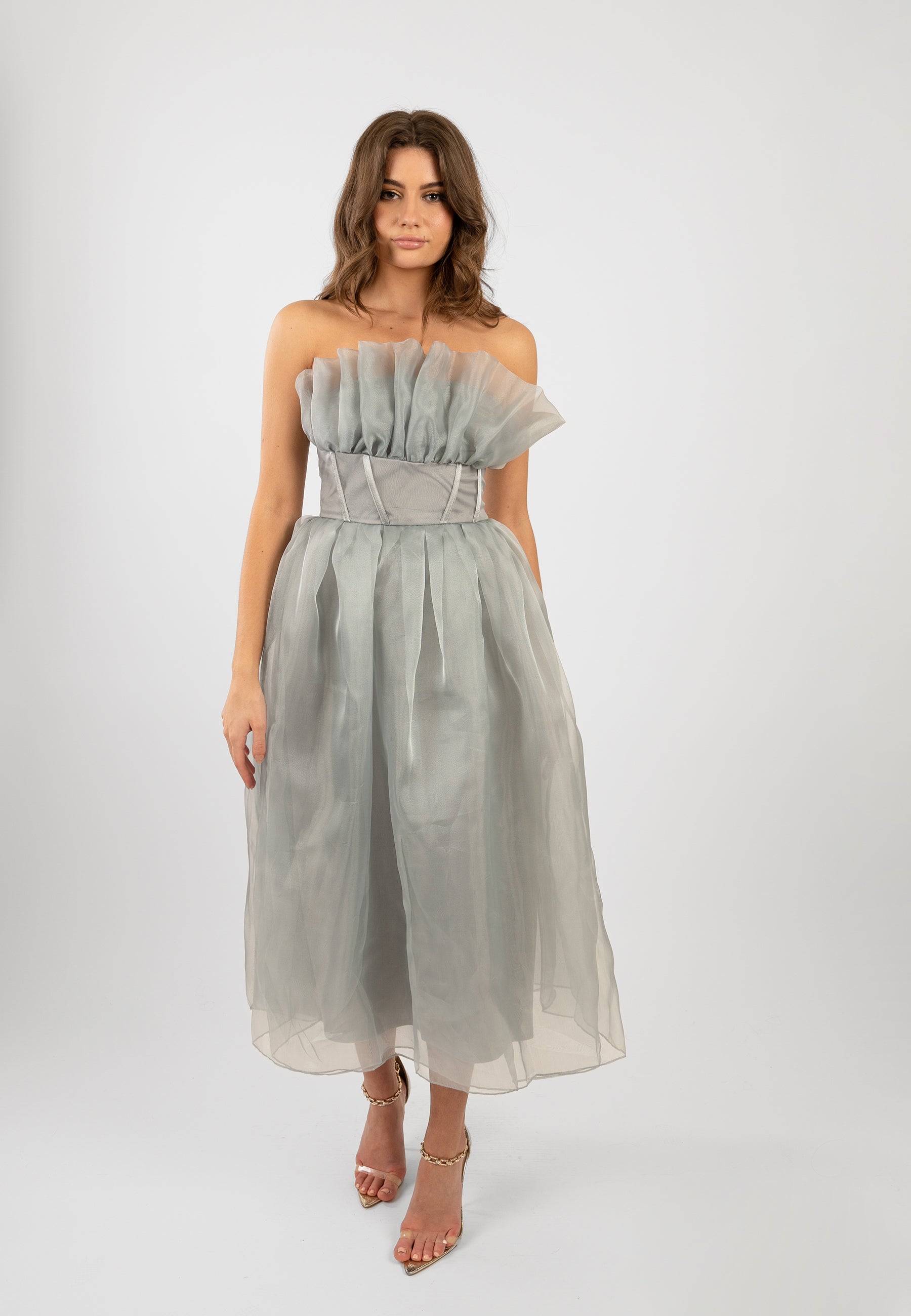 Elegant Grey Organza Midi Dress for Women | Noah Formal & Party Dress | Perfect for Weddings, Cocktail Parties & Special Occasions