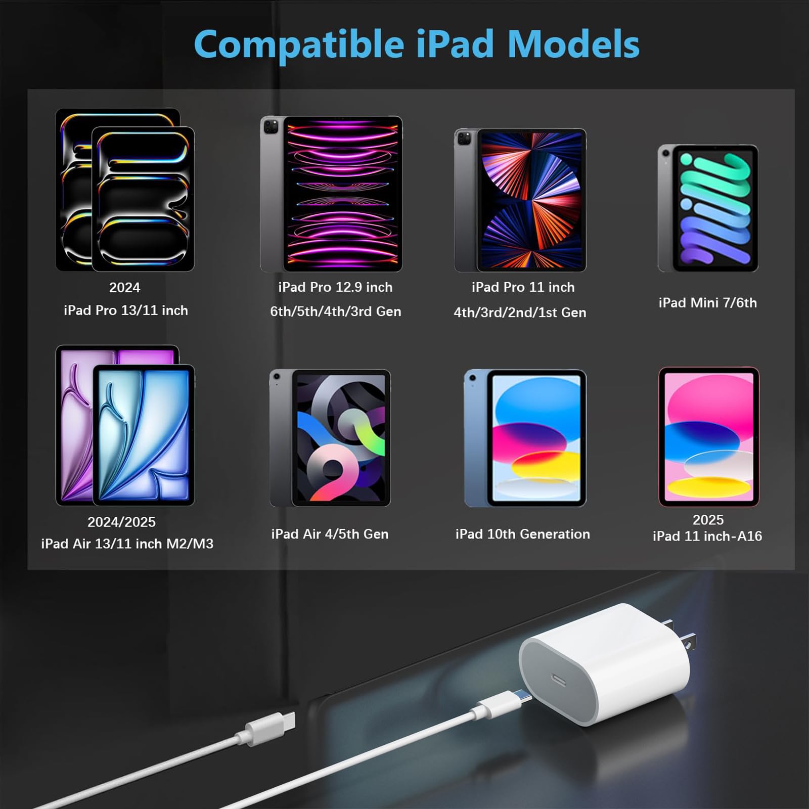 20W USB C Fast Charger with 6.6ft Cable - Compatible with iPad Pro 13/12.9/11 inch (2024-2018), iPad 10th Gen, iPad Air 11/13 inch (5th/4th Gen), iPad Mini 7/6th - PD Charging Block for Home, Office & Travel