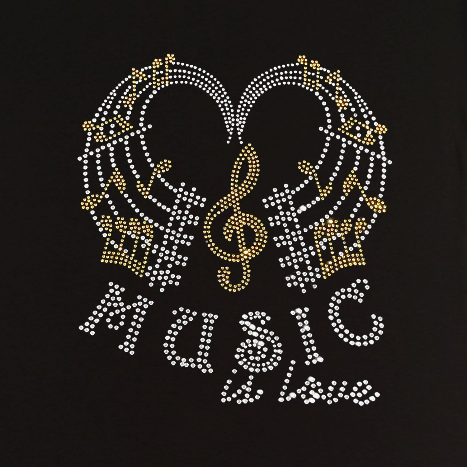 Rhinestone Transfer 'Music is Love with Music Notes' Hotfix Iron On DIY for T-Shirts, Hats & Bags – Perfect for Music Lovers & DIY Craft Projects