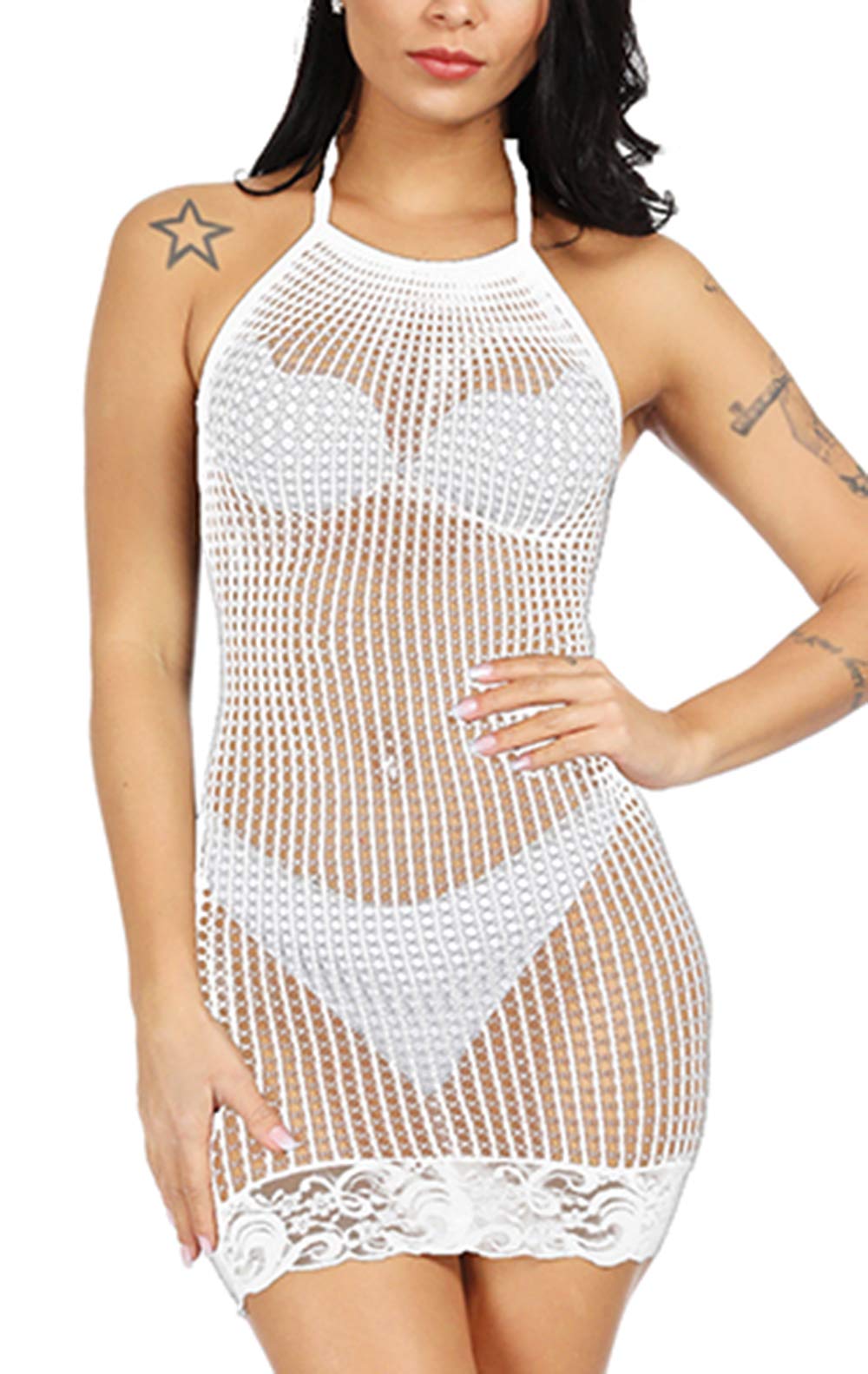 Sexy Women's Halter Fishnet Babydoll Lingerie - Sheer Chemise Nightwear Mini Teddy Dress One Size for Romantic Nights & Boudoir Photography
