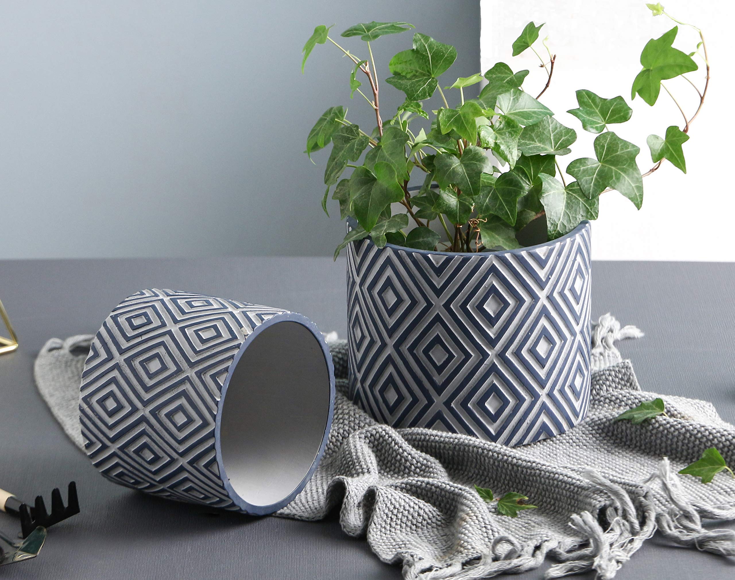6 Inch Modern Succulent Planter Set - Indoor Cement Flower Pots with Rhombus Design in Prussian Blue & Gray (6