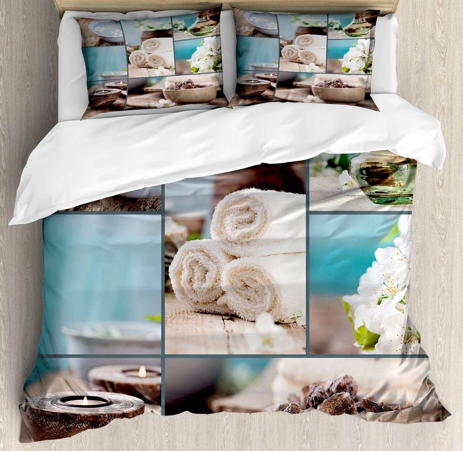 Ambesonne Spa Duvet Cover Set 3-Piece Queen Size - Far East Massage Theme with Oils, Candles & Flowers Print - Blue and White Decorative Bedding Set with 2 Pillow Shams | Perfect for Relaxing Spa Nights, Asian-Inspired Bedroom Decor & Gift Ideas