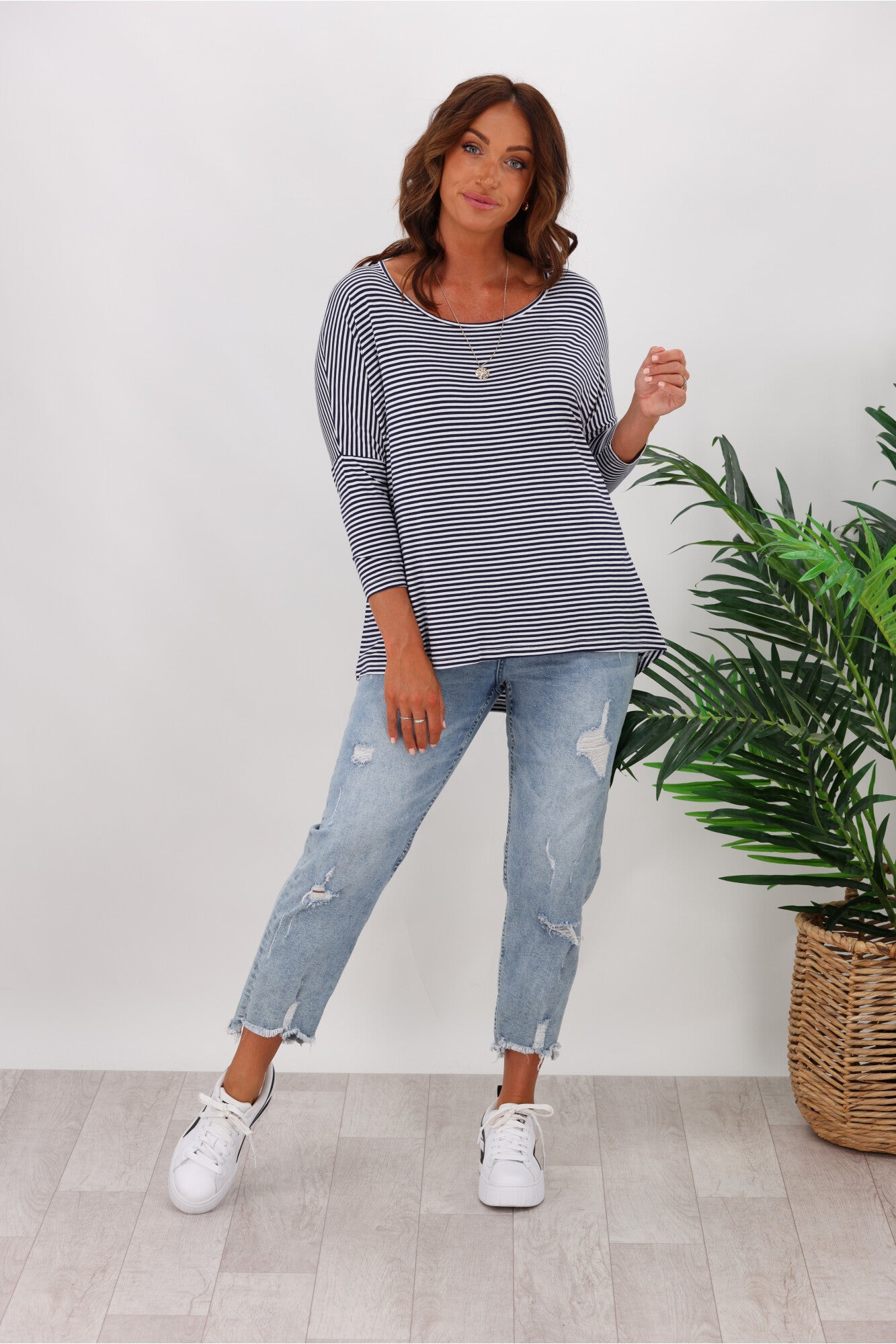 Betty Basics Milan 3/4 Sleeve Striped T-Shirt for Women - Navy & White Casual Top - Perfect for Work, Weekend & Layering