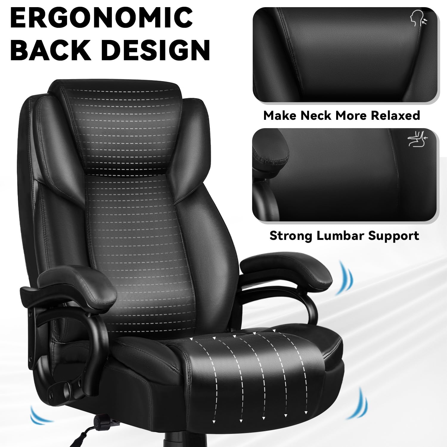 Big and Tall Office Chair 500lbs - Heavy Duty Executive Leather Chair for Large People, Ergonomic High Back Office Chair with Lumbar Support, Quiet Rubber Wheels & Extra Padded Seat - Perfect for Home Office, Gaming or Conference Rooms (Black)