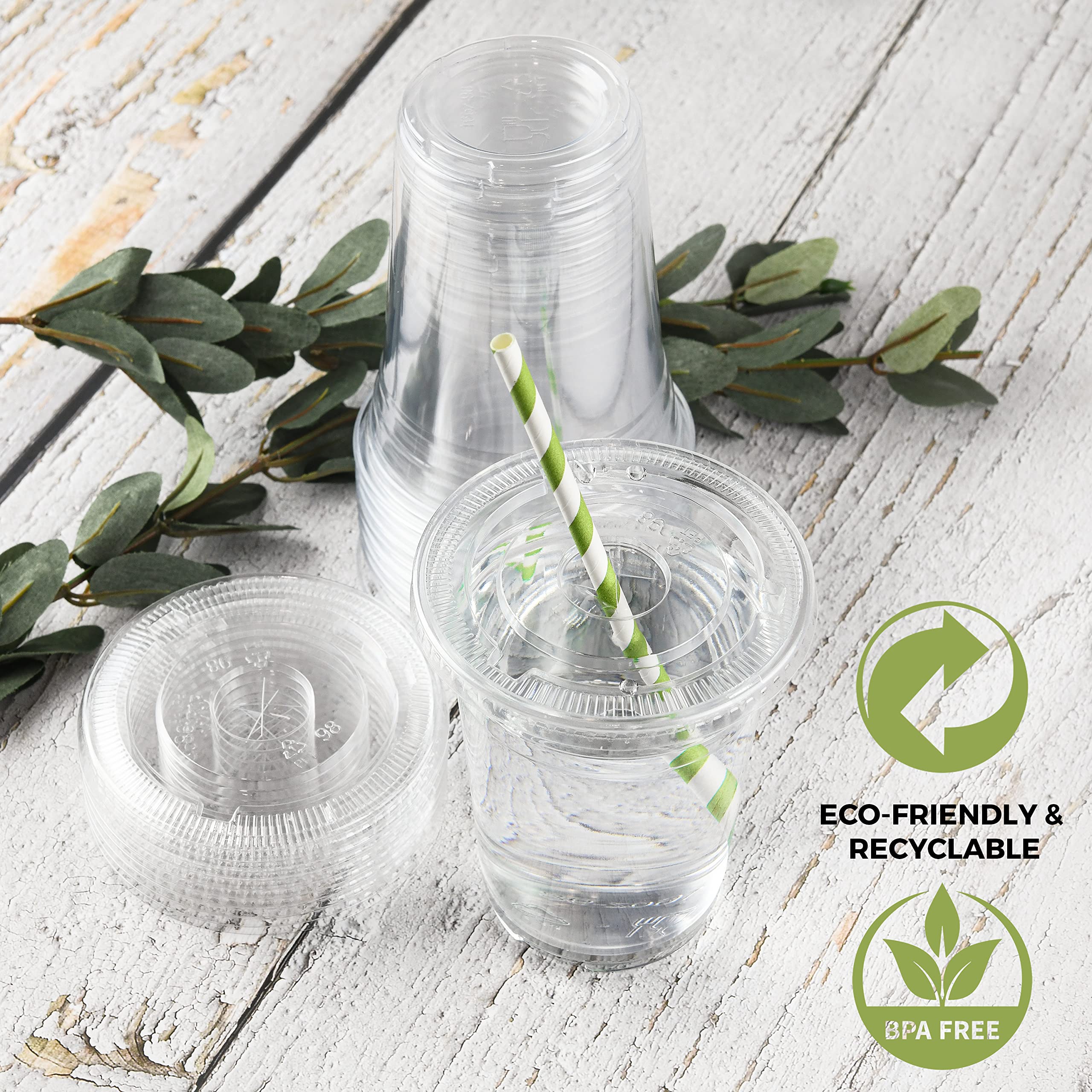 100-Pack 16 oz Clear Disposable Plastic Cups with Flat Lids - Crystal Clear Drinking Cups with Straw Holes - Perfect for Parties, Events, Water Fountains, Food Kiosks, and Outdoor Activities - Durable & Leak-Proof for Cold Beverages On-The-Go