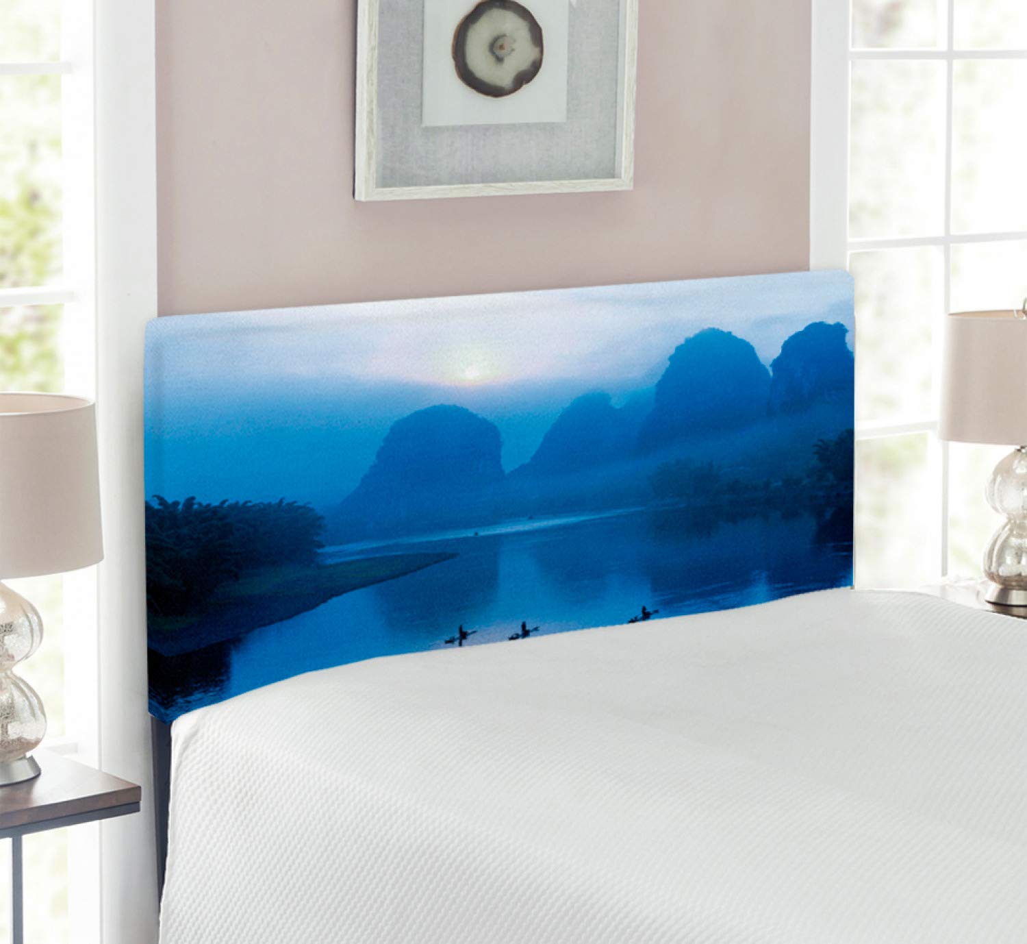 Ambesonne Asian Headboard - Sunrise with Bamboo Raft at Yangshuo on Li River China Scenic Mist - Upholstered Decorative Metal Bed Frame Headboard with Memory Foam - Twin Size Royal Blue Aqua - Perfect for Bedroom Decor, Zen Style Home, Asian Inspired Interior Design