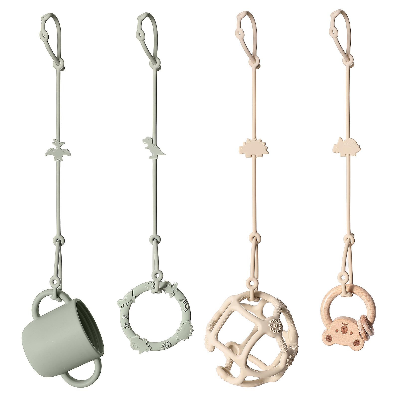 Andy Bear Silicone Baby Toy Straps - 4PK Safety Straps for High Chairs, Strollers, Cribs & Car Seats | Durable Toddler Bottle & Toy Holder | Secure Toys During Travel, Dining & Playtime (Sage Green)