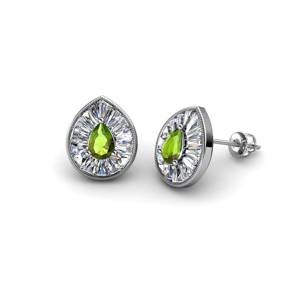 Natural 1.2ctw Pear Cut Peridot & Diamond Milgrain Halo Stud Earrings in 14K Gold for Women | Elegant Gift for Birthday, Anniversary & Special Occasions