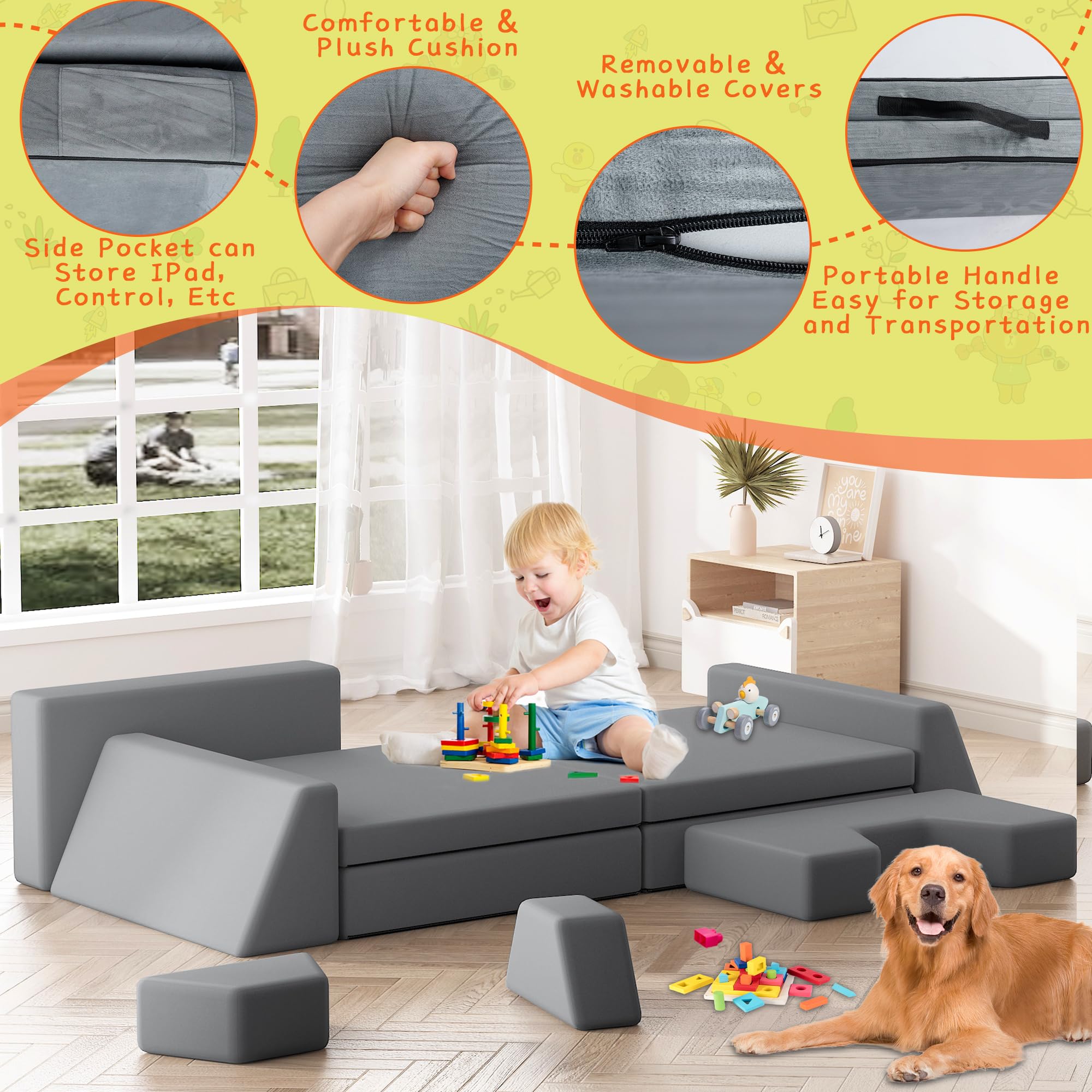 10-Piece Modular Kids Play Couch - Soft Foam Toddler Sofa for Building Forts & Playroom Fun | Durable, Washable & Safe for Babies & Children | Perfect for Indoor Play, Learning & Creative Activities